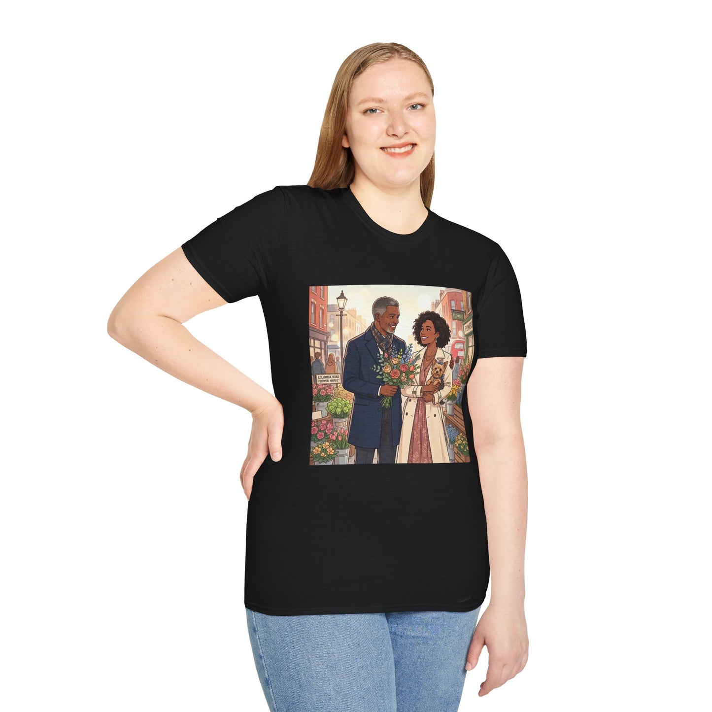 Romantic City Stroll T-Shirt — Couple Bouquet Illustration