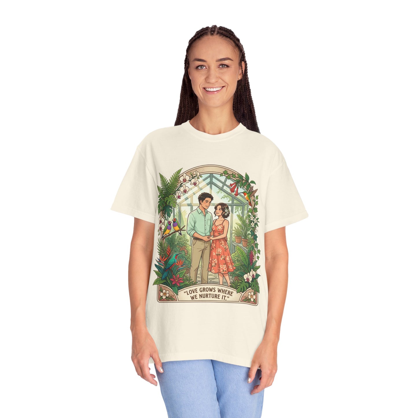 Romantic Greenhouse Couples T-Shirt — “Love Grows Where We Nurture It”