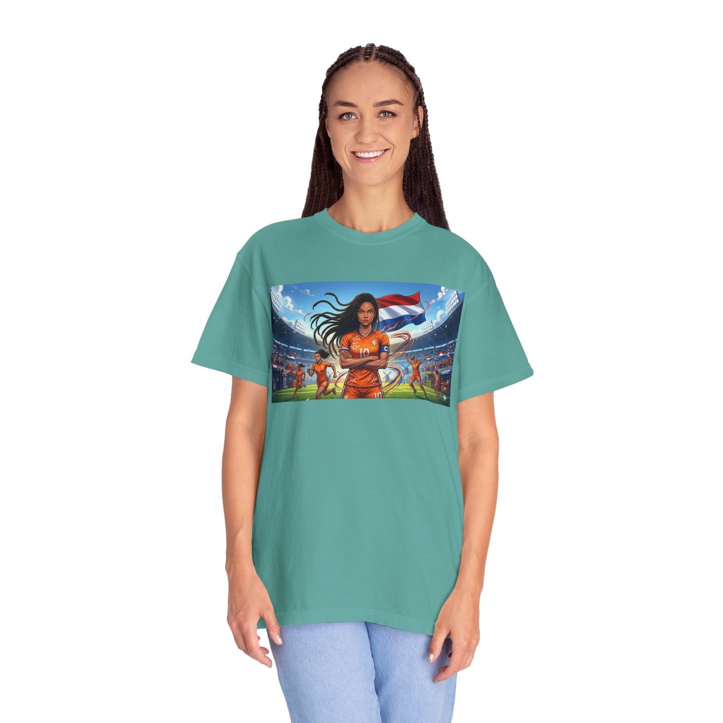 Soccer Warrior T-Shirt — Netherlands Female Captain with Flag Stadium Graphic