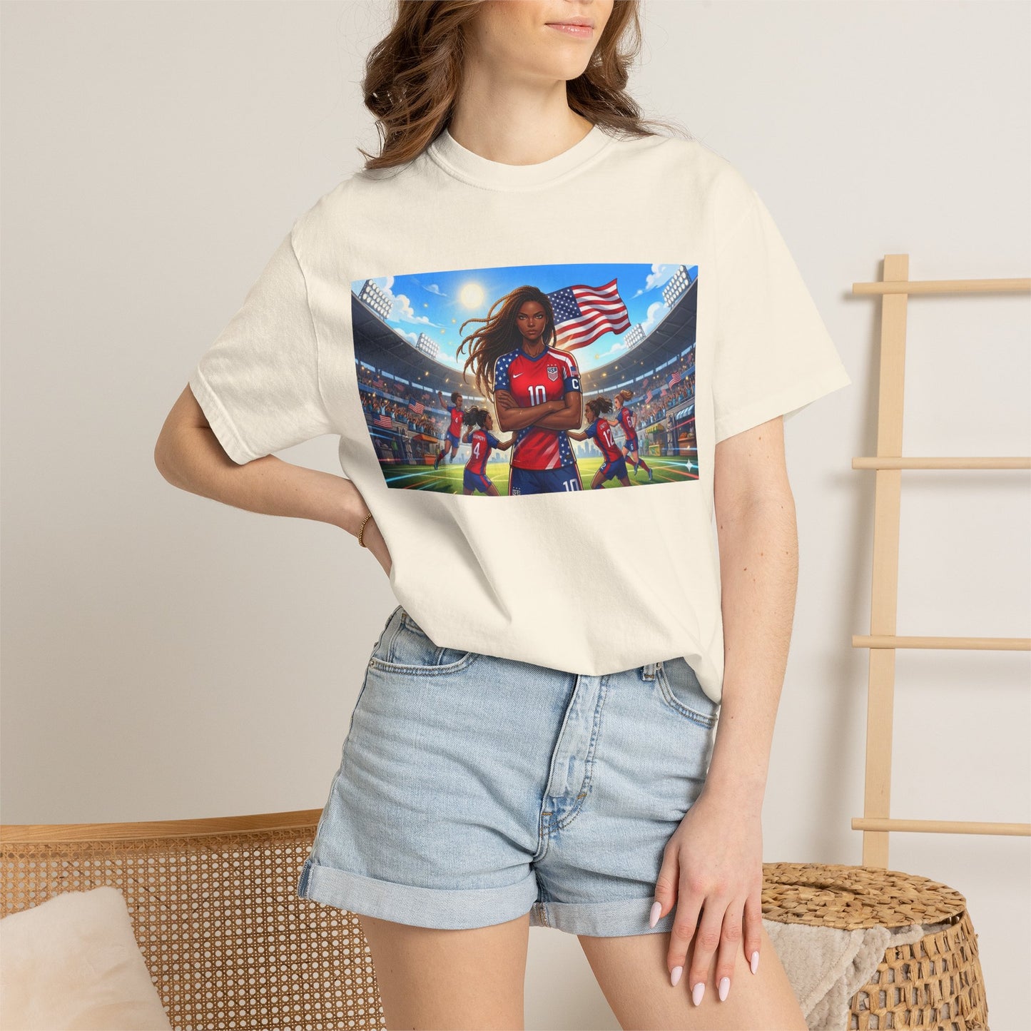 Soccer Mom USA T-Shirt — Female Soccer Player with American Flag Stadium Graphic