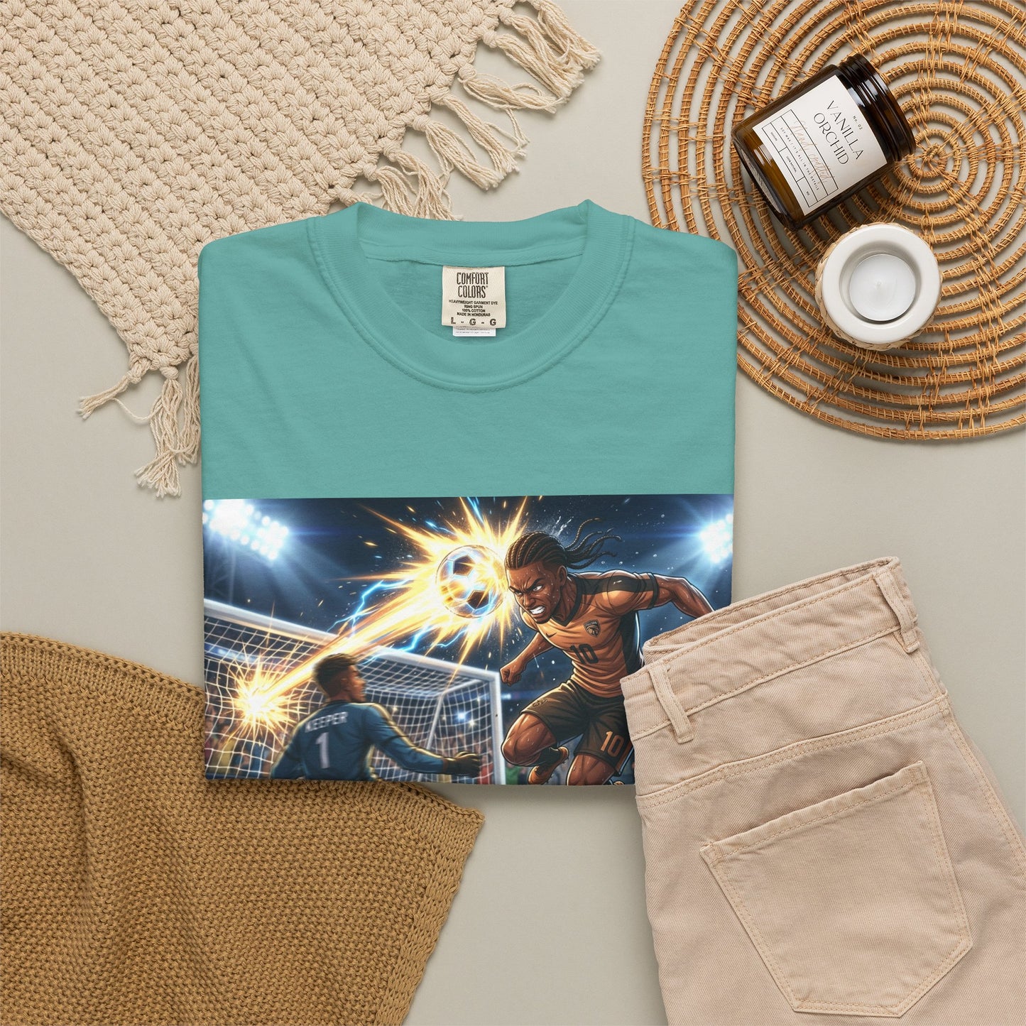 Soccer Goal Celebration T-Shirt — Action Football Scene Graphic Tee