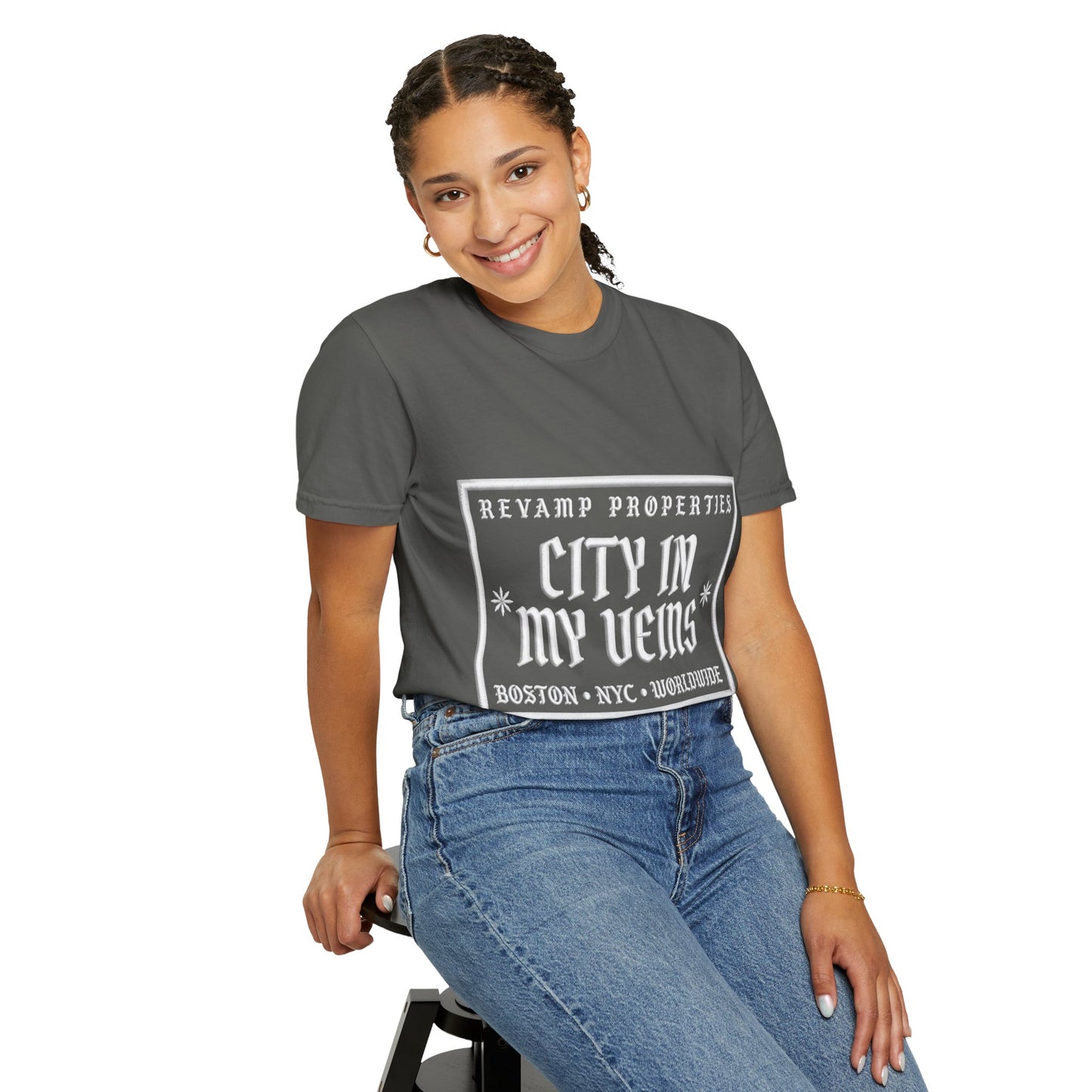 City In My Veins T‑Shirt — Vintage Cityscape Tee (Boston • NYC • Manchester)