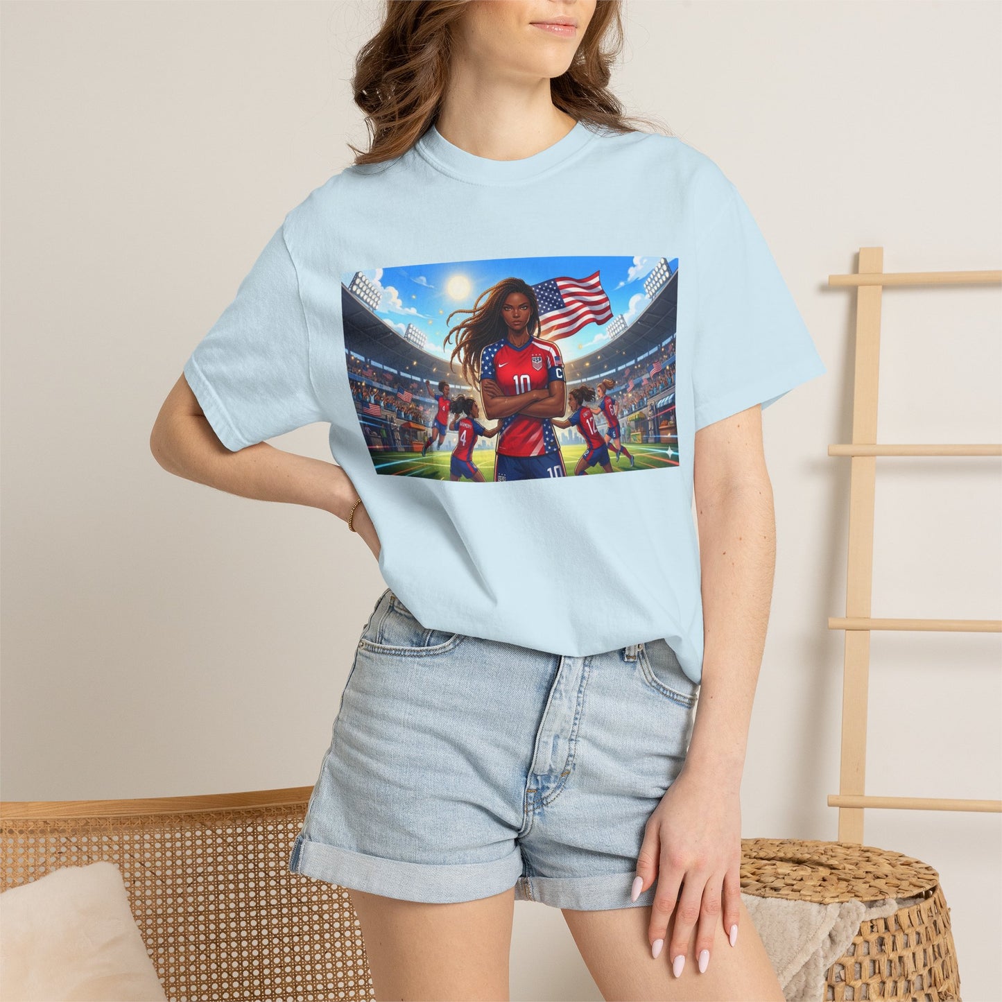 Soccer Mom USA T-Shirt — Female Soccer Player with American Flag Stadium Graphic