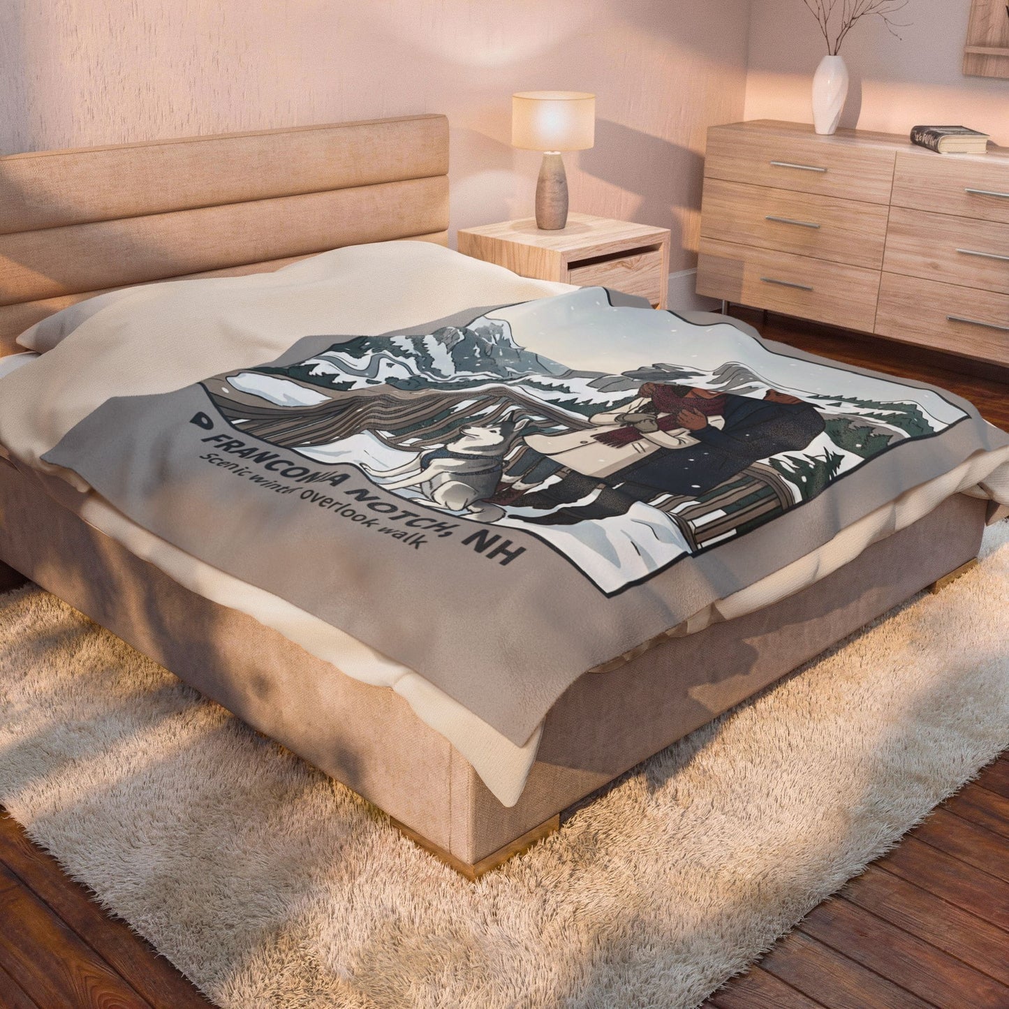 Velveteen Blanket — Franconia Notch NH Winter Scenic Throw with Couple & Husky