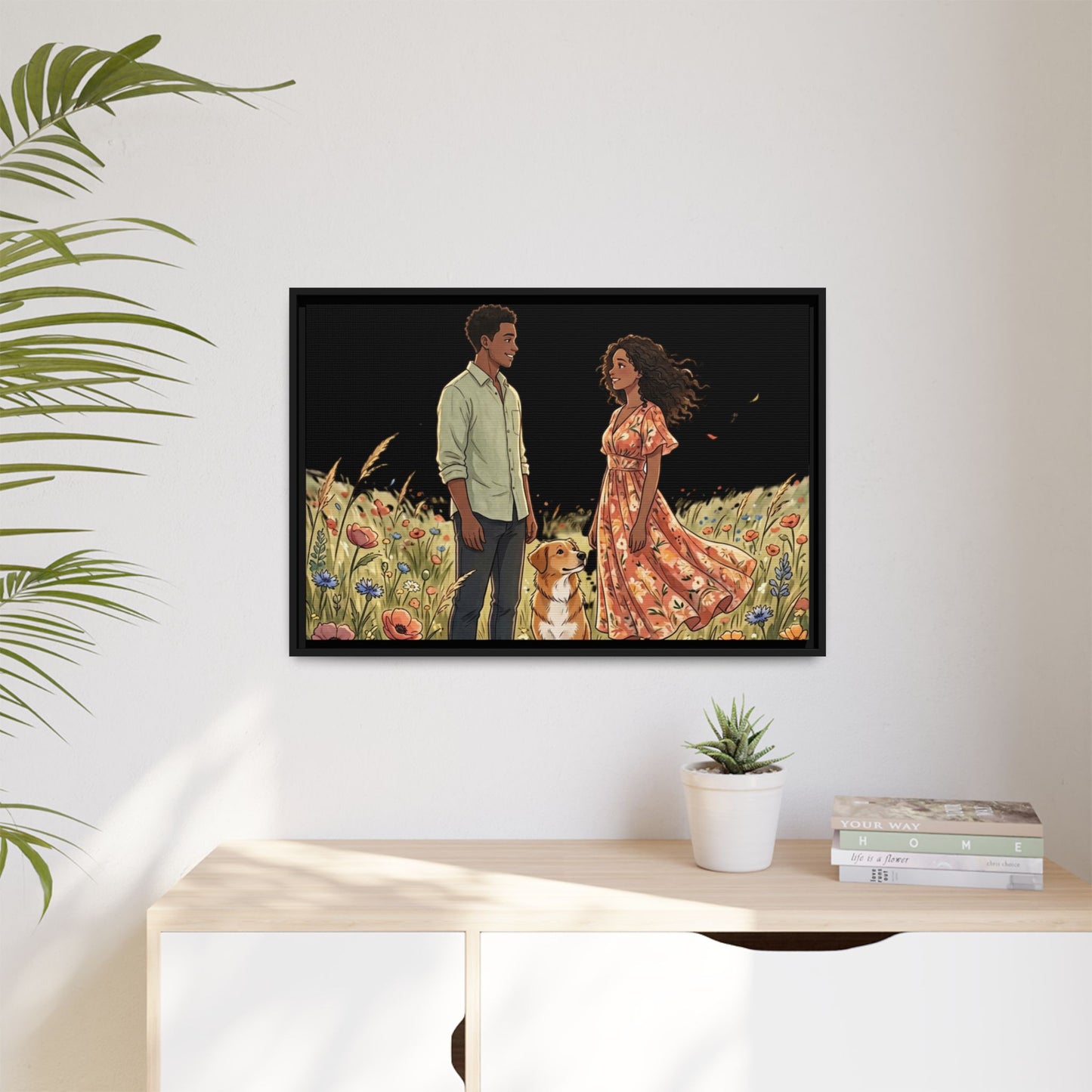 Framed Matte Canvas Print — Romantic Couple in Wildflower Field (Multi‑Color)