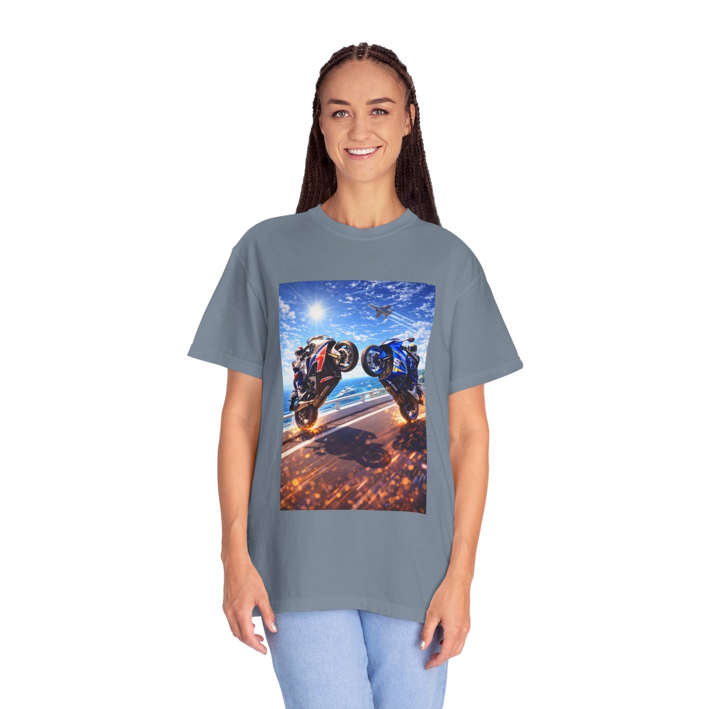Stunt Riders Motorcycle T-Shirt — Two Bike Wheelie Racing Graphic Tee