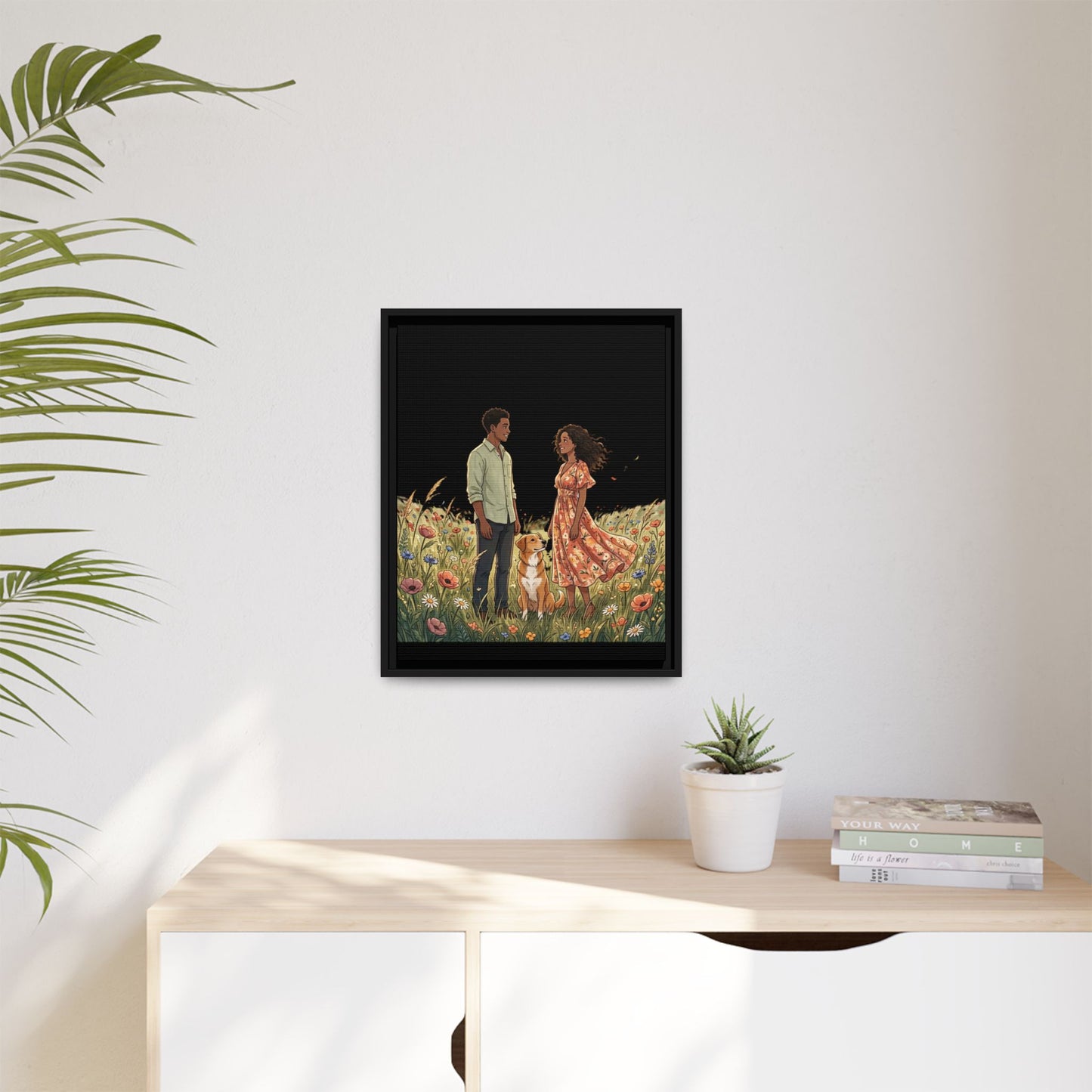Framed Matte Canvas Print — Romantic Couple in Wildflower Field (Multi‑Color)
