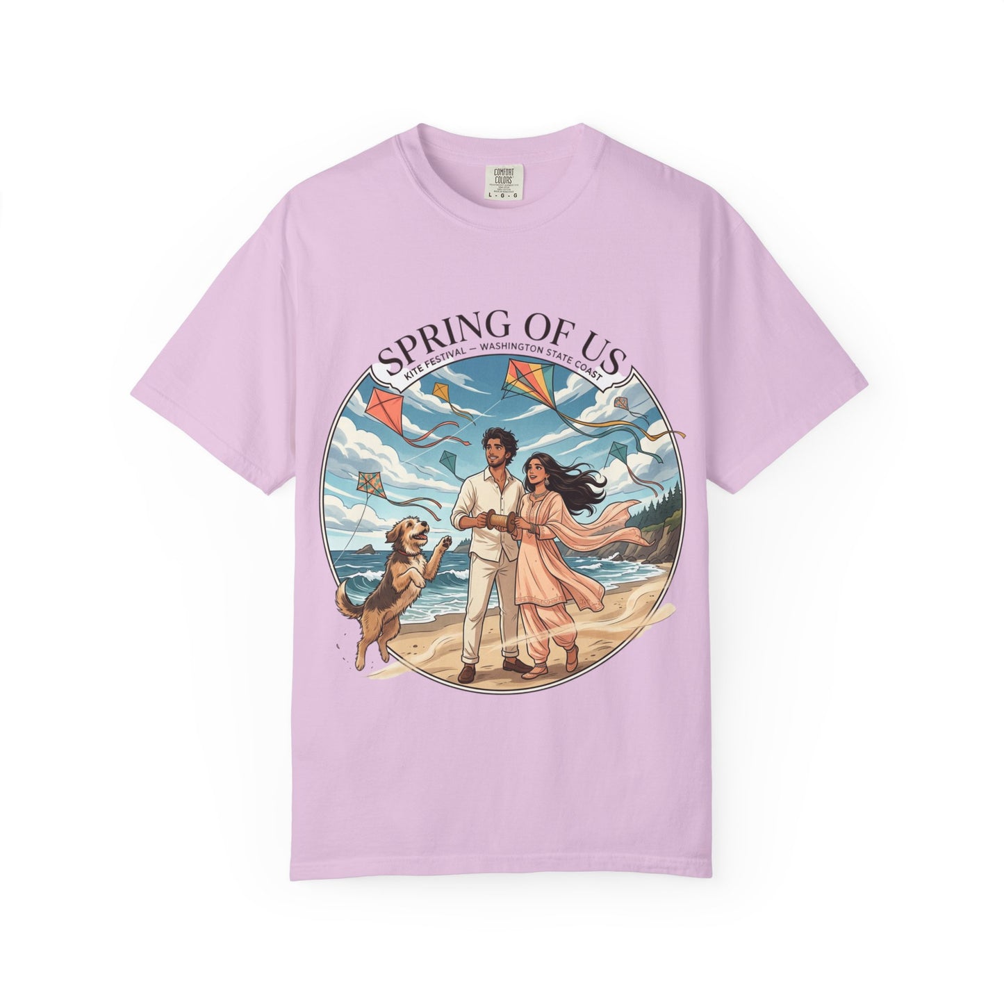 Spring of Us T-Shirt — Romantic Beach Couple Illustration with Dog
