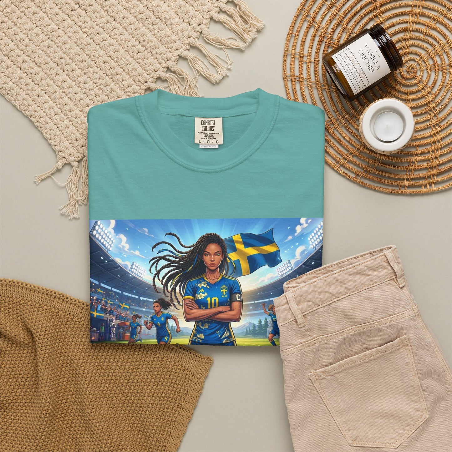 Swedish Soccer Pride T-Shirt — Female Footballer with Flag Stadium Design
