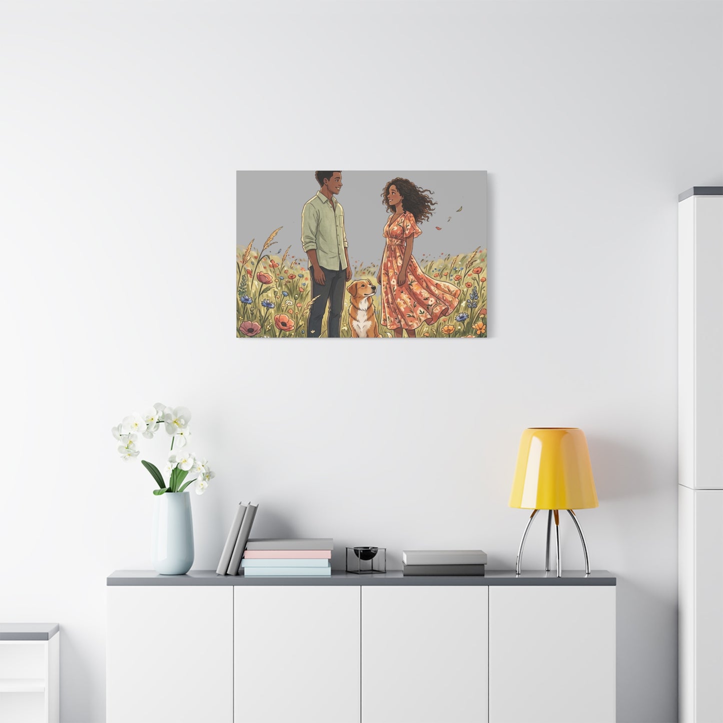 Romantic Couple in Wildflower Field Canvas Art — Black Love Wall Decor with Dog