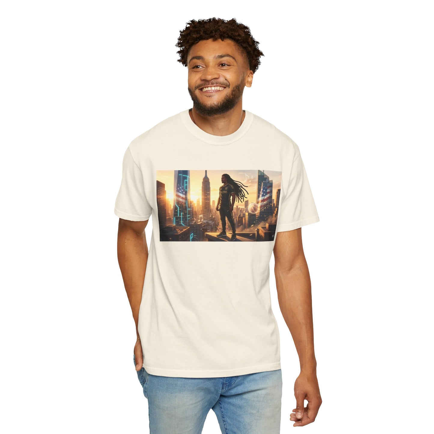 Cyberpunk Cityscape T-Shirt — Silhouette Hero at Sunset