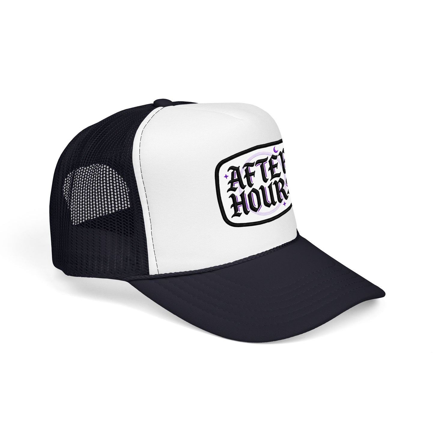 After Hours Foam Trucker Hat – Retro Gothic Embroidered Patch Cap