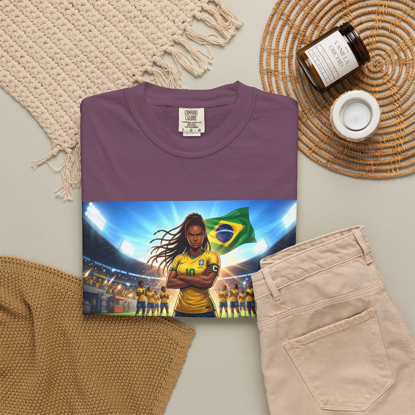 Brazil Soccer Captain T-Shirt — Player Holding Ball with Brazilian Flag Stadium Graphic
