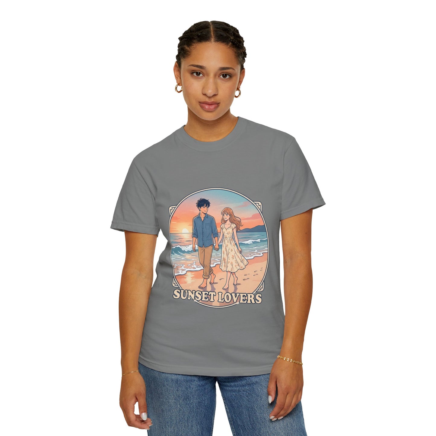 Sunset Lovers Beach T-Shirt — Romantic Couple Graphic Tee