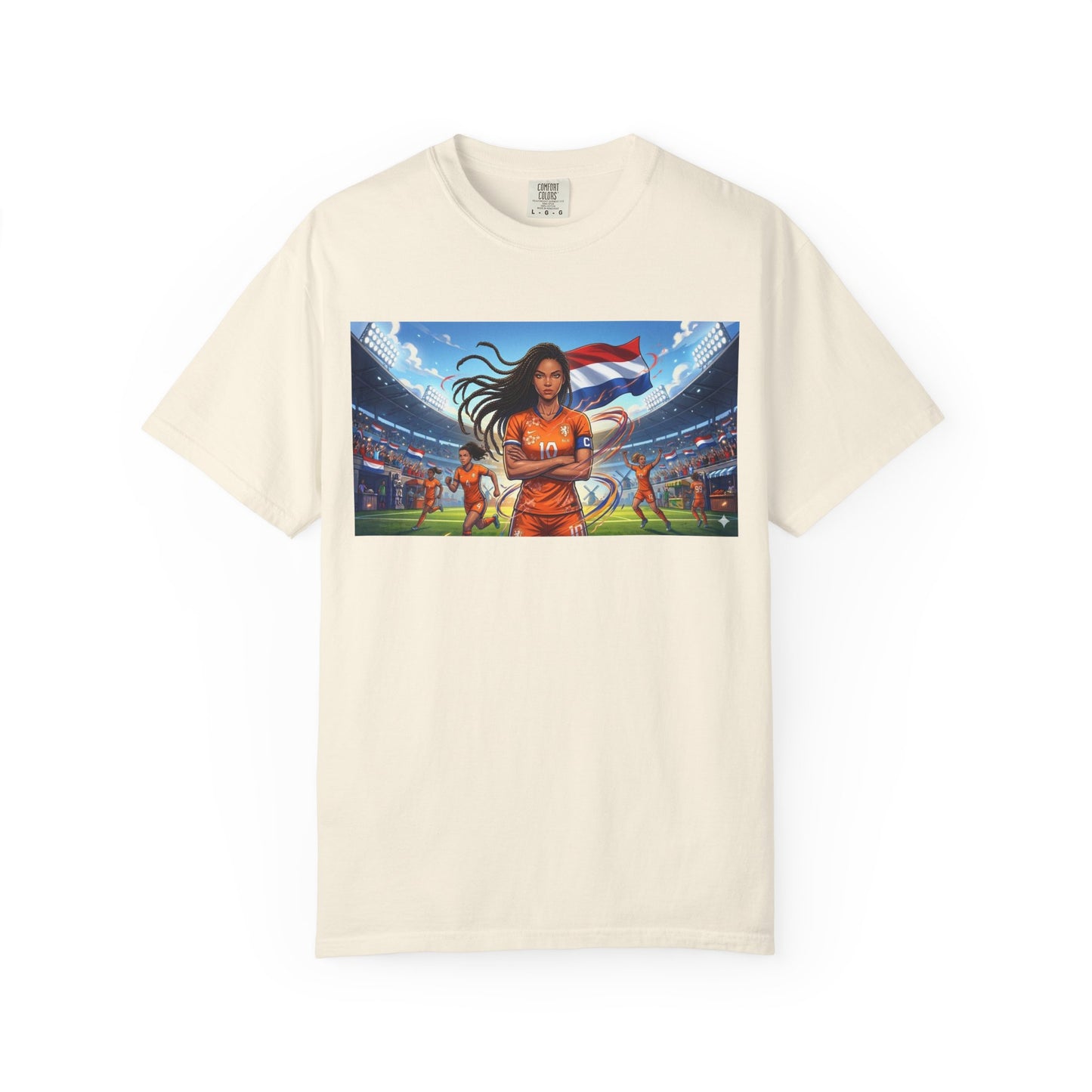 Soccer Warrior T-Shirt — Netherlands Female Captain with Flag Stadium Graphic