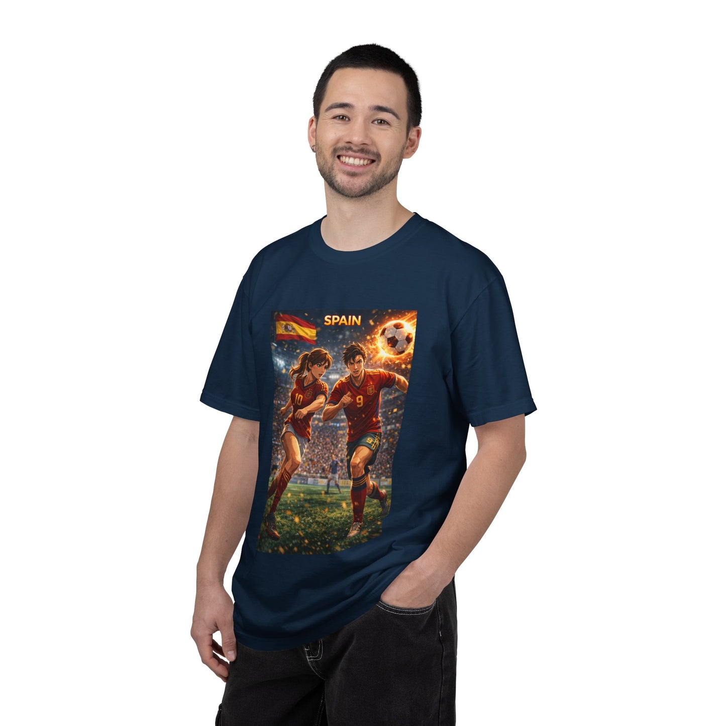 Spain Soccer Graphic T-Shirt — Retro Match Scene with Flag