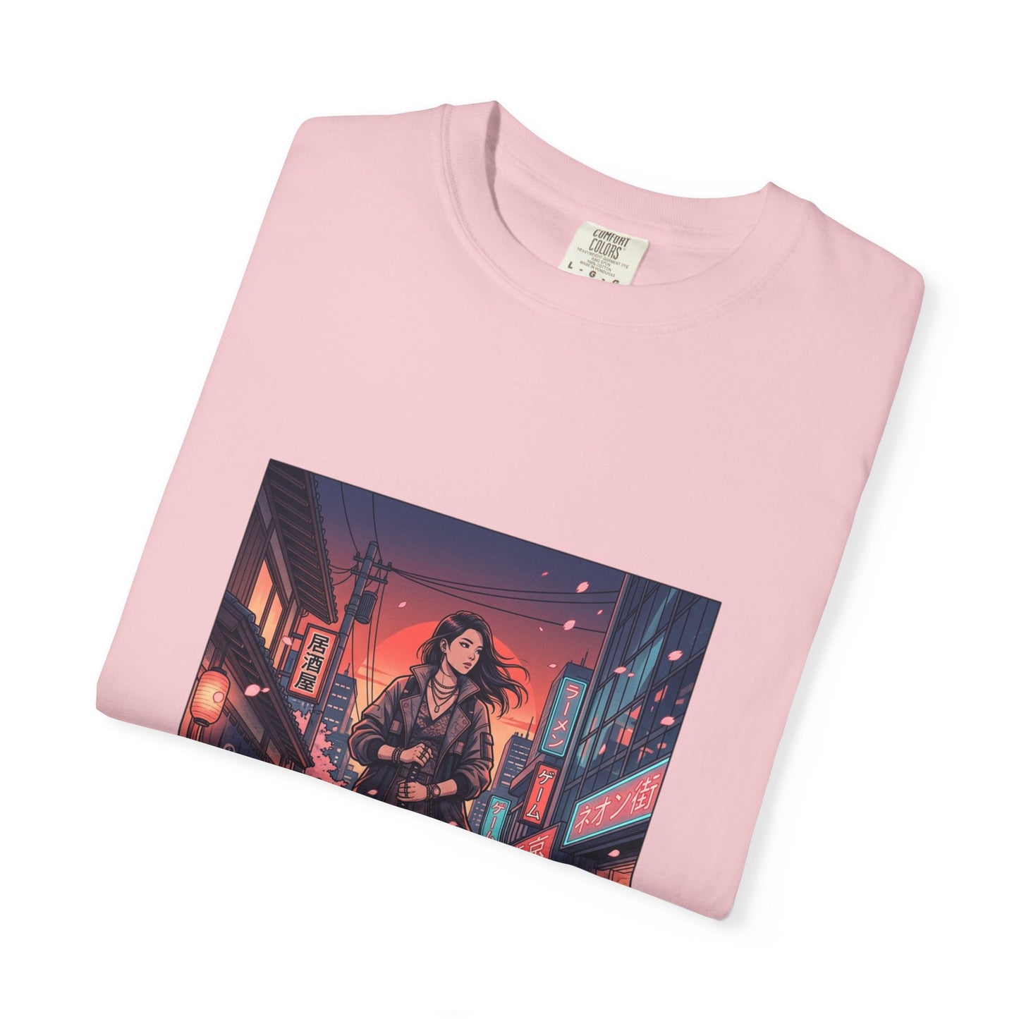 Cyberpunk Night Streets T‑Shirt — Neon Samurai Girl Graphic Tee