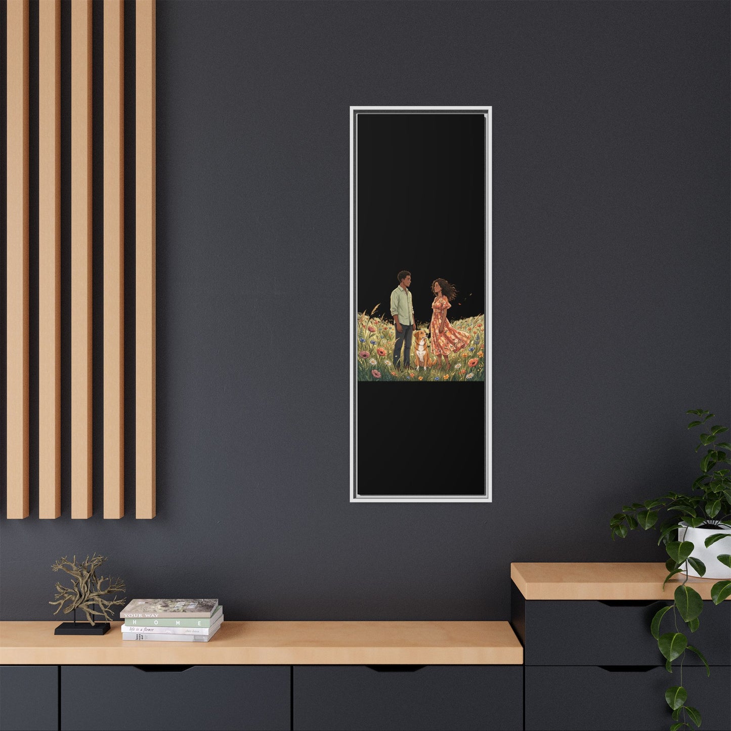 Framed Matte Canvas Print — Romantic Couple in Wildflower Field (Multi‑Color)