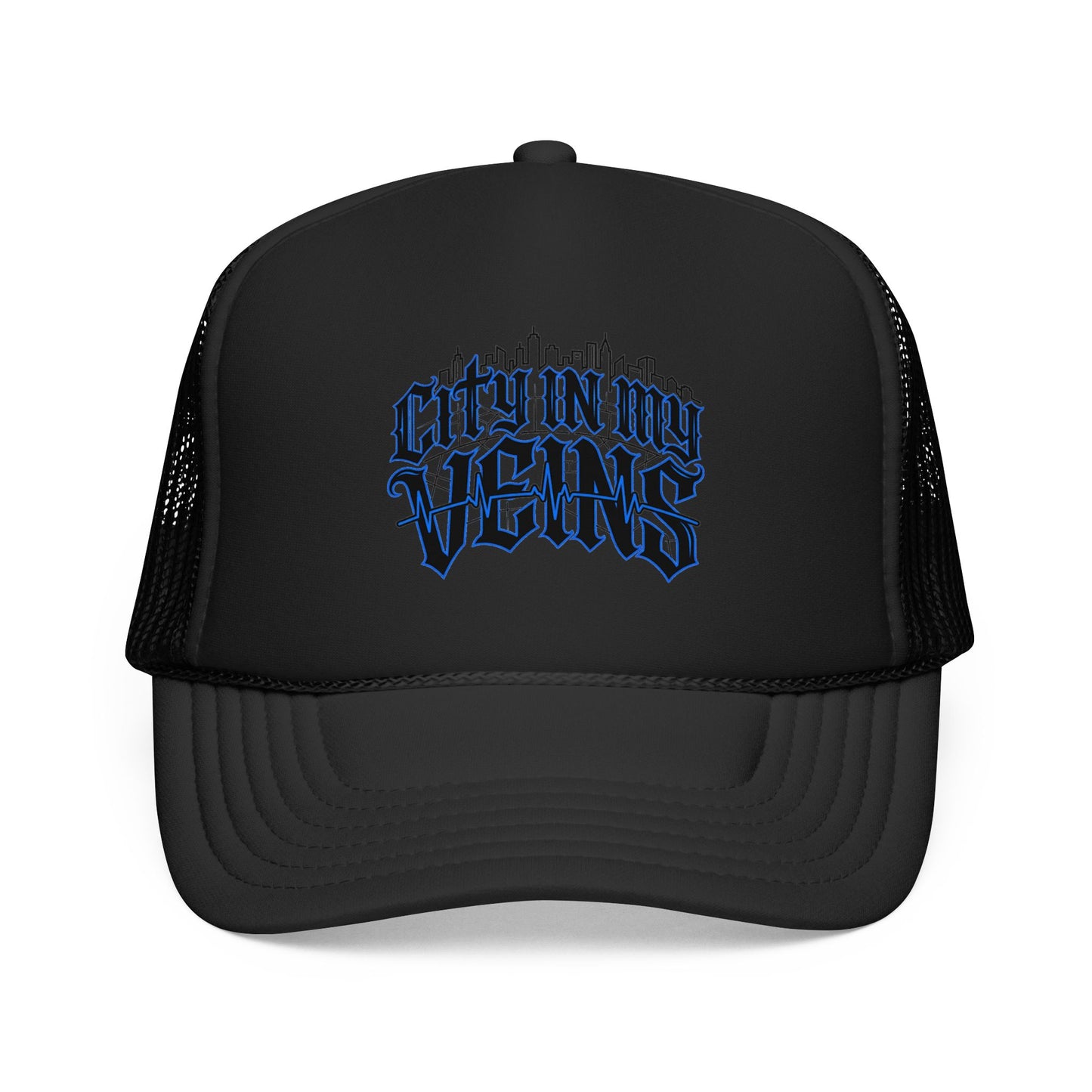 City In My Veins Foam Trucker Hat — Urban Gothic Blue Embroidered Cap