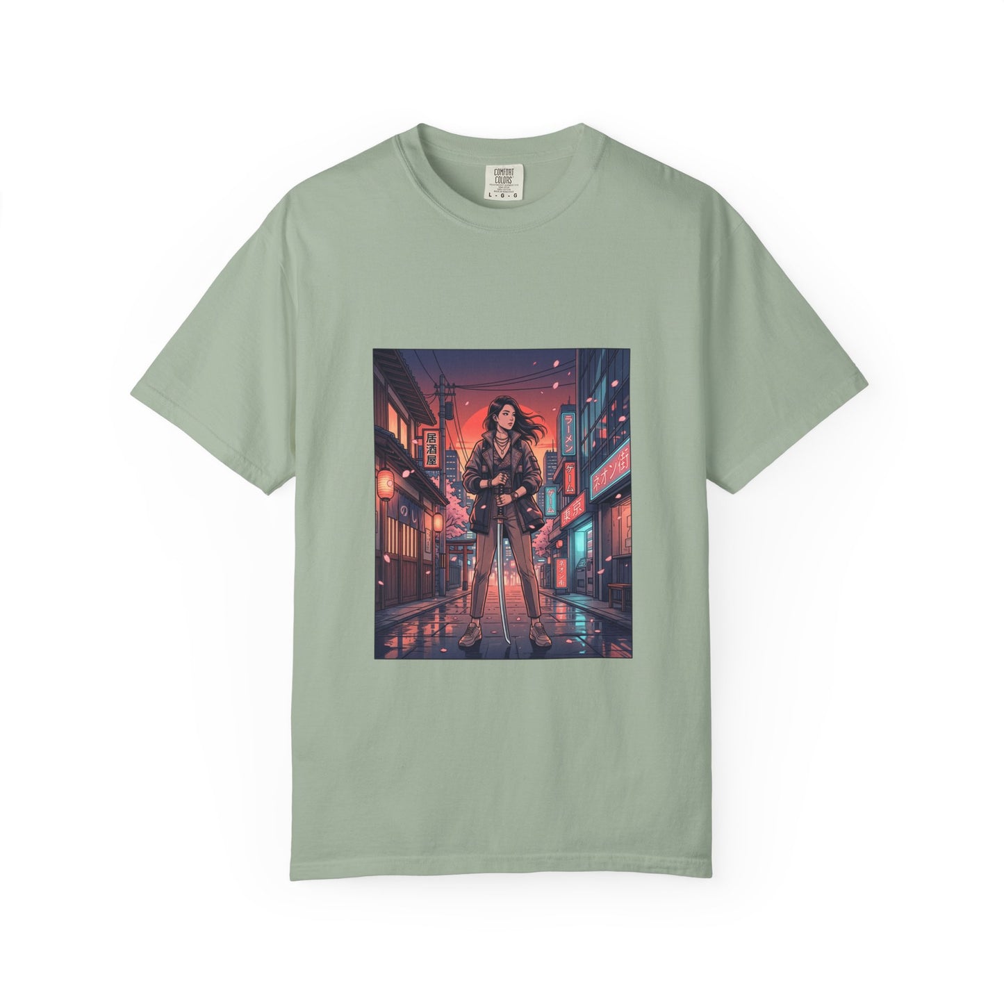 Cyberpunk Night Streets T‑Shirt — Neon Samurai Girl Graphic Tee