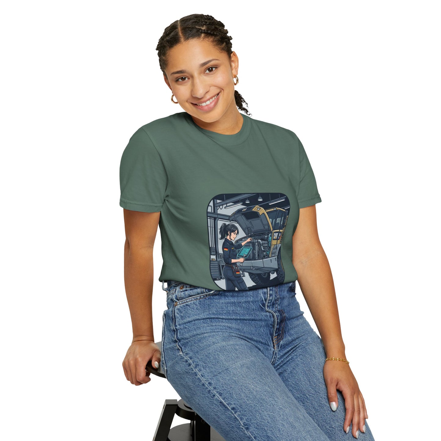 Mechanic Garage Scene T-Shirt — Vintage Truck Repair Illustration