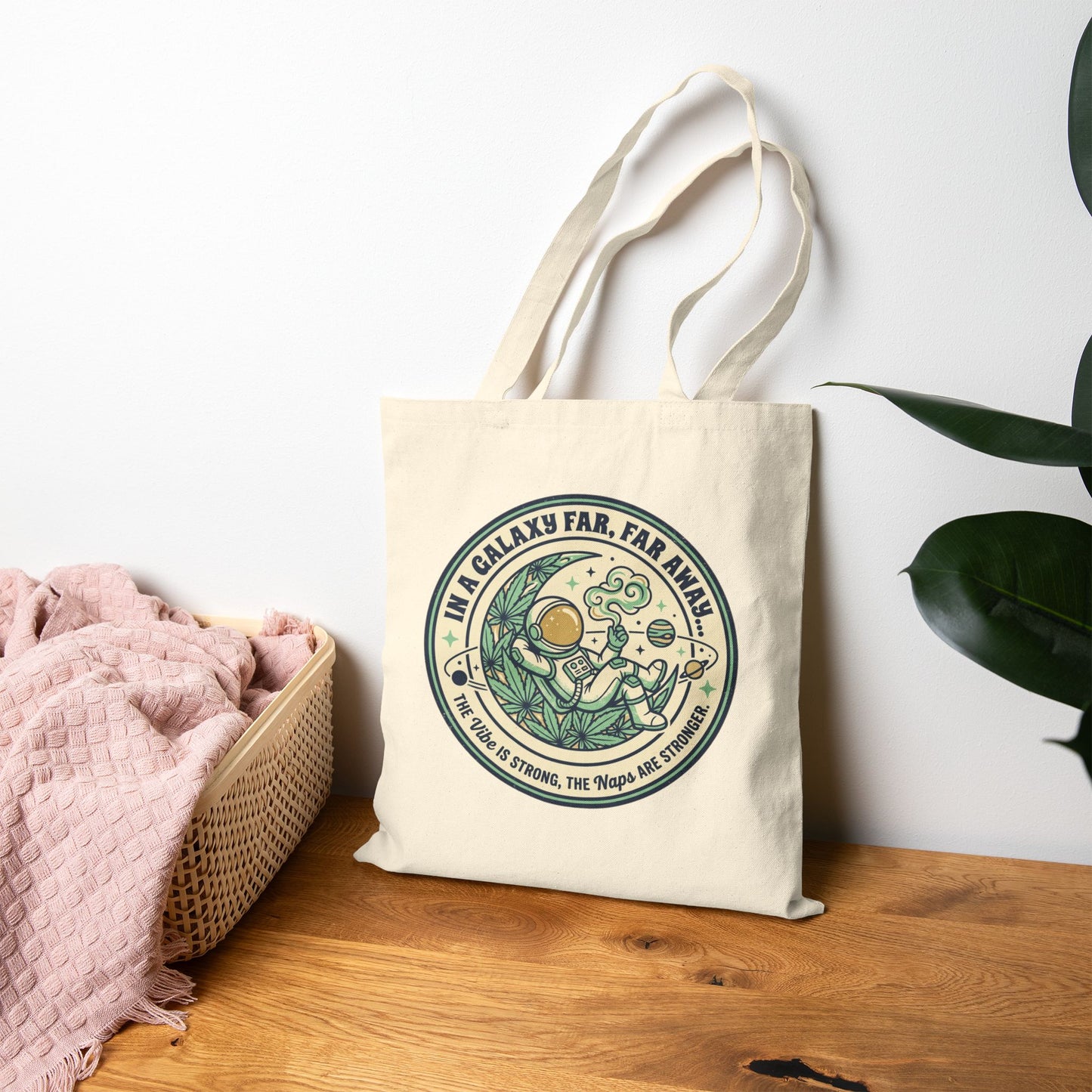 Canvas Tote Bag — 'In a Galaxy Far, Far Away' Cute Astronaut & Plant Illustration
