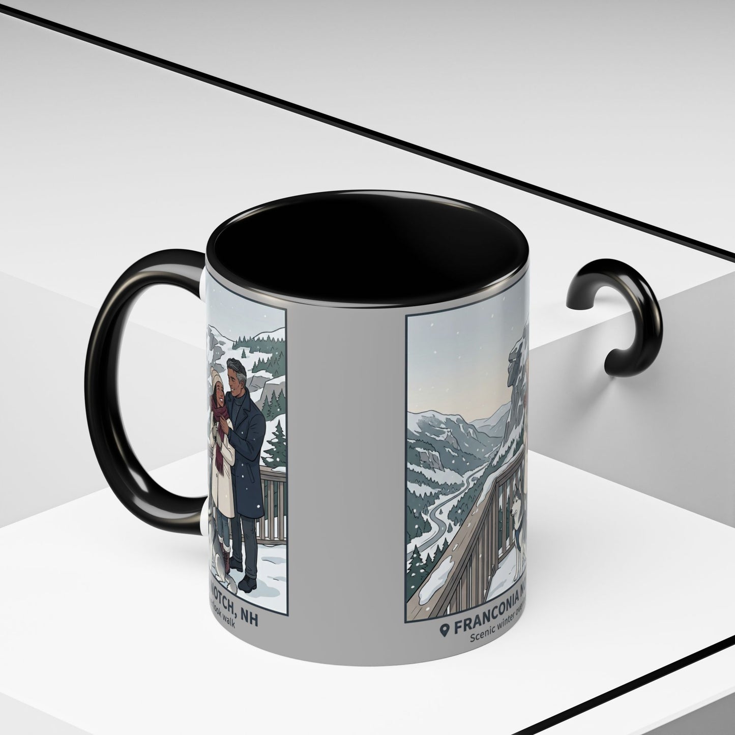 Franconia Notch Scenic Winter Mug — Couples & Dog Snowy Overlook Coffee Cup (11/15oz)