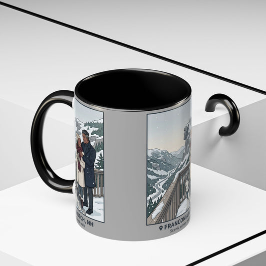 Franconia Notch Scenic Winter Mug — Couples & Dog Snowy Overlook Coffee Cup (11/15oz)