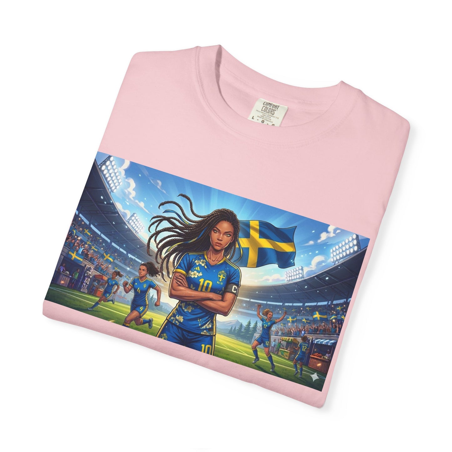 Swedish Soccer Pride T-Shirt — Female Footballer with Flag Stadium Design