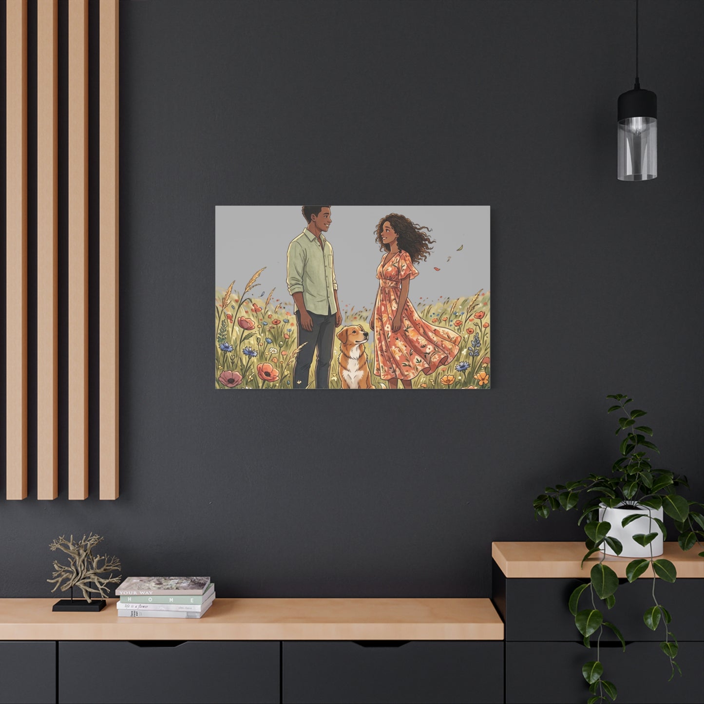 Romantic Couple in Wildflower Field Canvas Art — Black Love Wall Decor with Dog