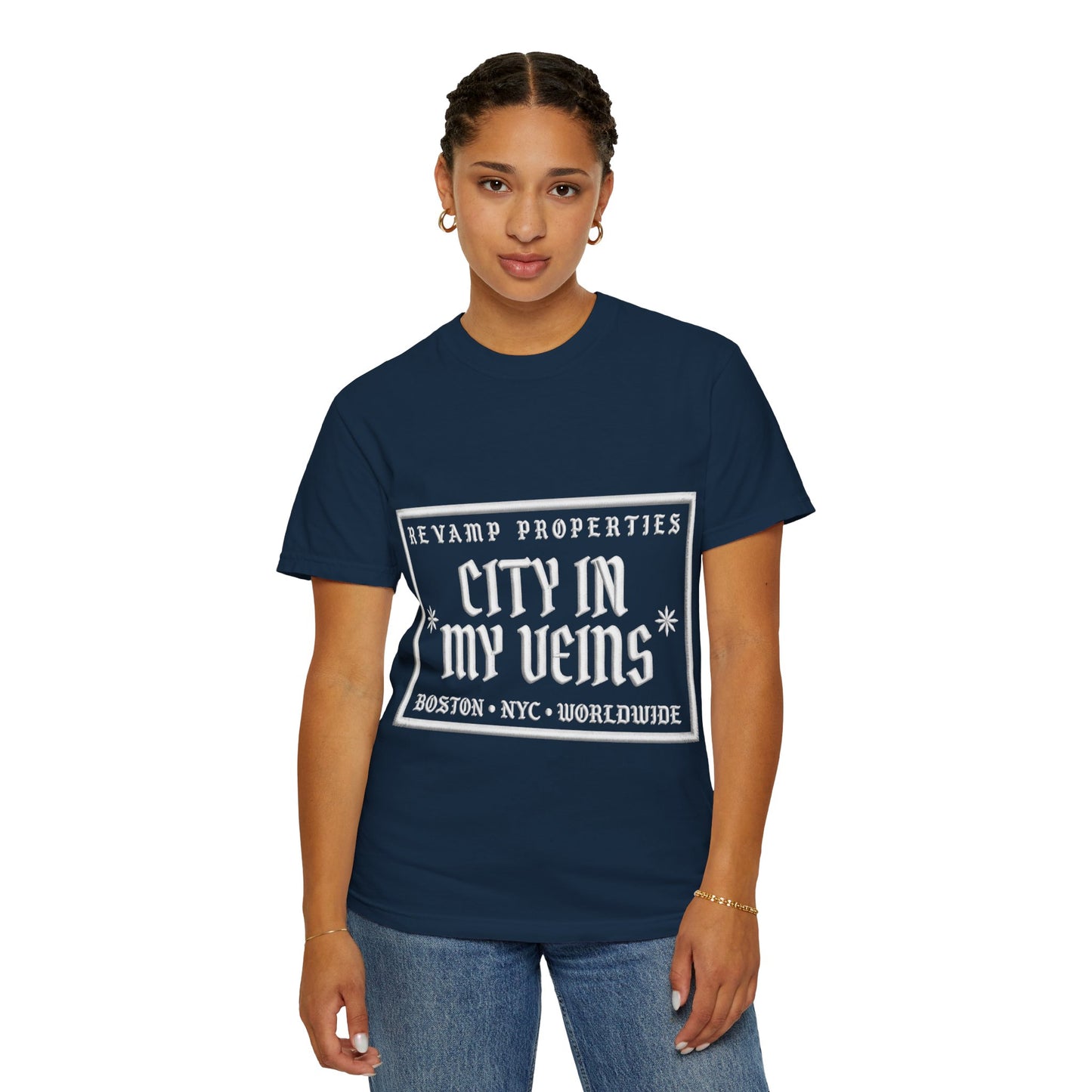 City In My Veins T‑Shirt — Vintage Cityscape Tee (Boston • NYC • Manchester)