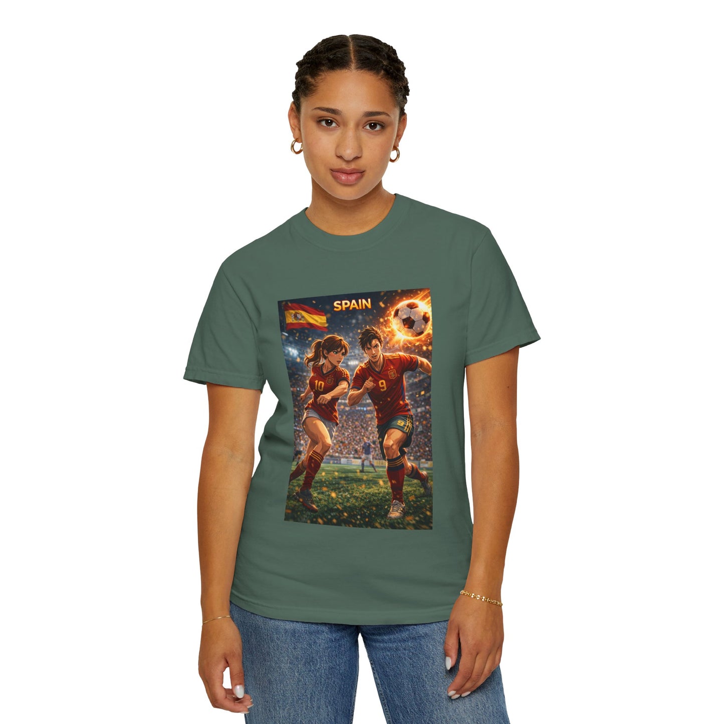 Spain Soccer Graphic T-Shirt — Retro Match Scene with Flag