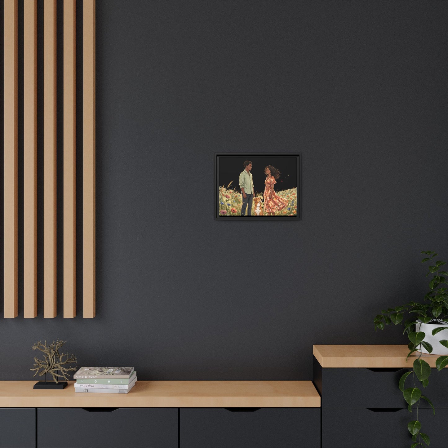 Framed Matte Canvas Print — Romantic Couple in Wildflower Field (Multi‑Color)