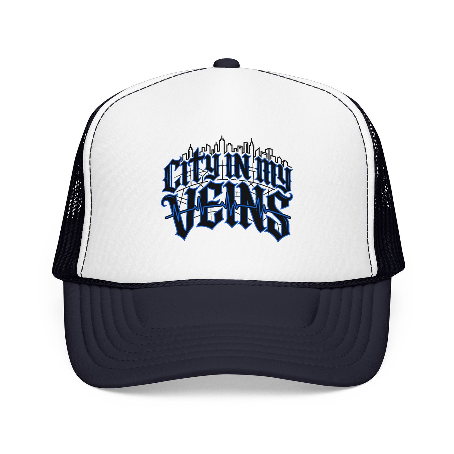 City In My Veins Foam Trucker Hat — Urban Gothic Blue Embroidered Cap