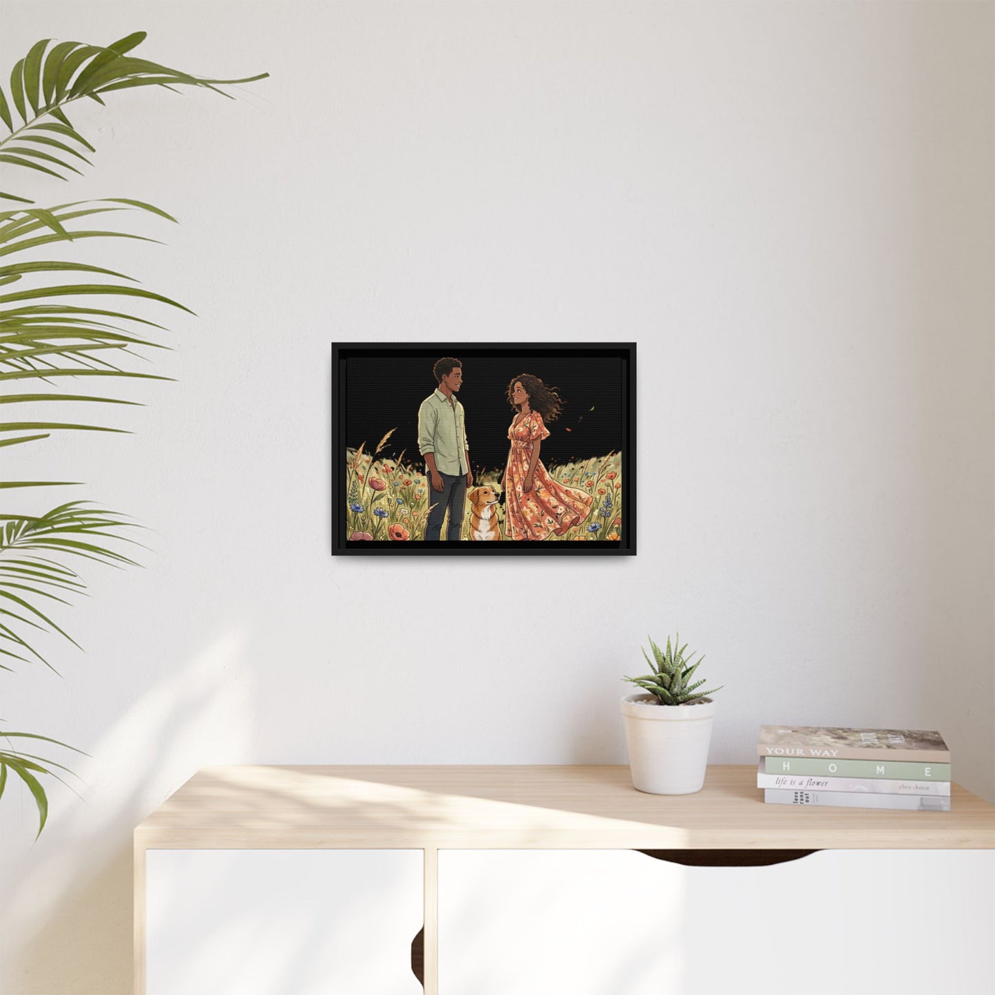Framed Matte Canvas Print — Romantic Couple in Wildflower Field (Multi‑Color)