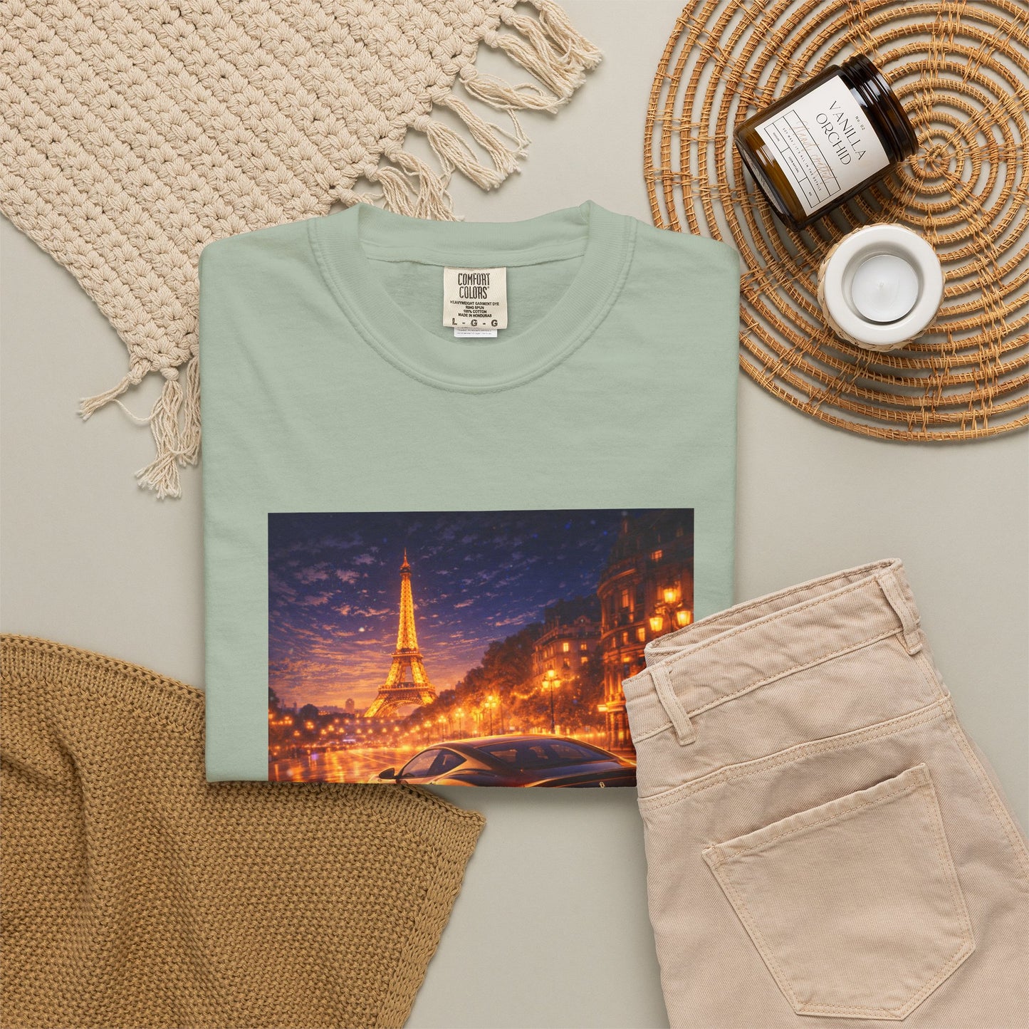 Paris Night Drive T-Shirt — Sports Car in Rainy Cityscape