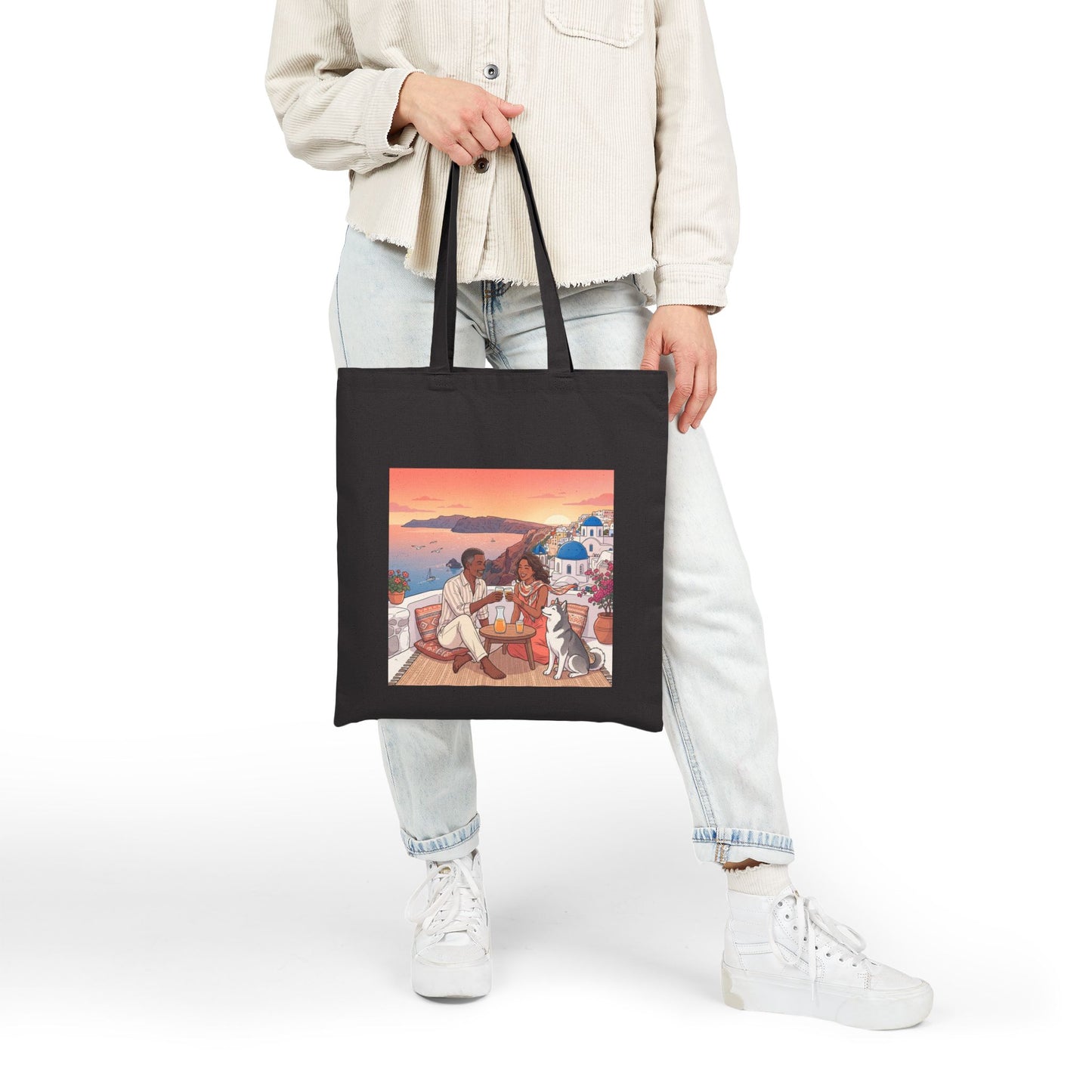 Santorini Sunset Beach Tote — Romantic Couple & Dog Canvas Bag
