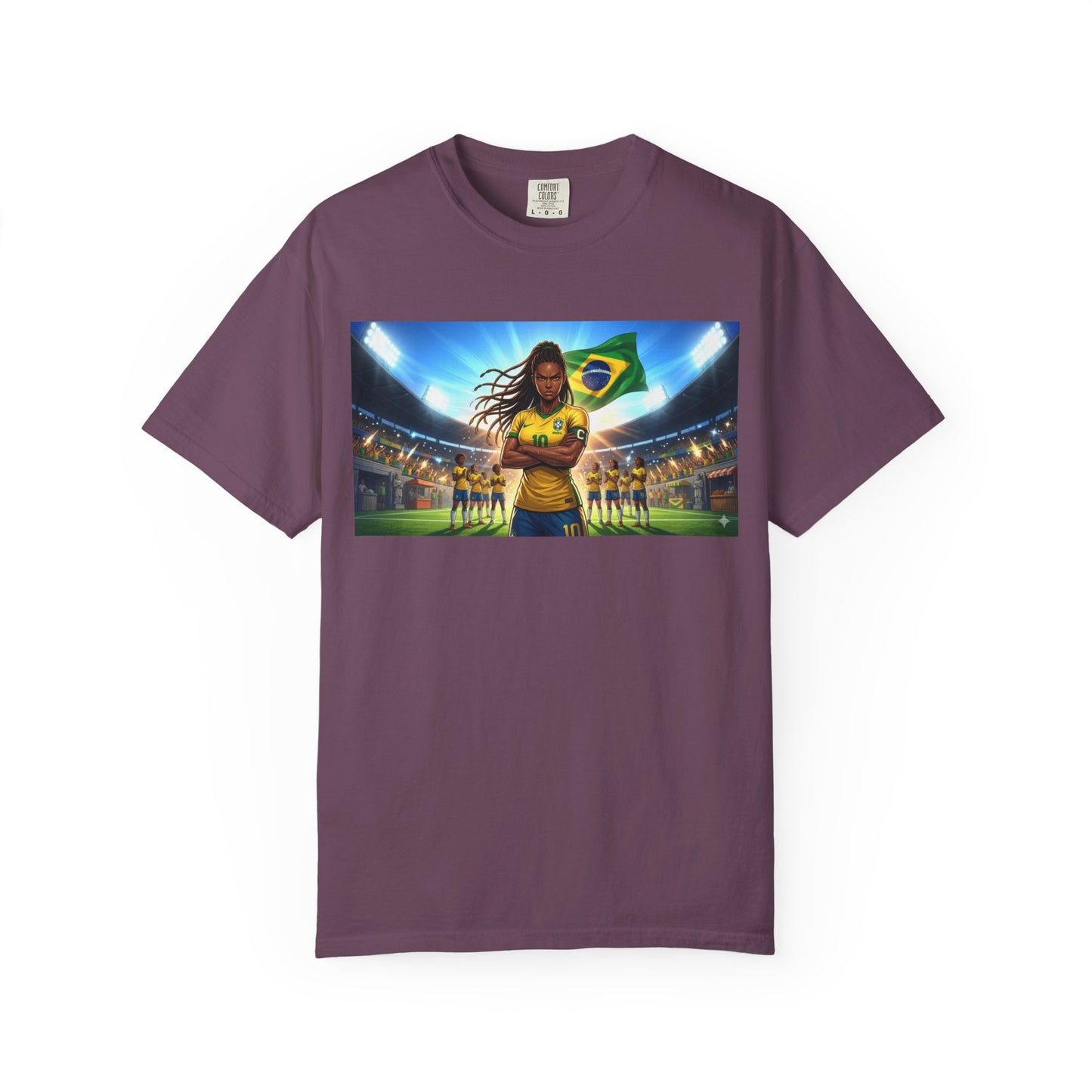 Brazil Soccer Captain T-Shirt — Player Holding Ball with Brazilian Flag Stadium Graphic