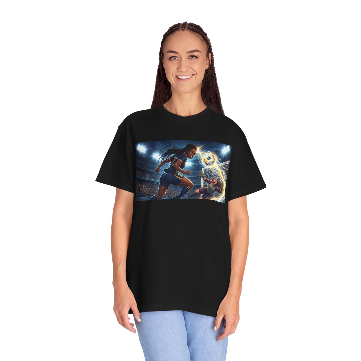 Soccer Duel Graphic T-Shirt — Futuristic Goalkeeper vs Striker Stadium Print