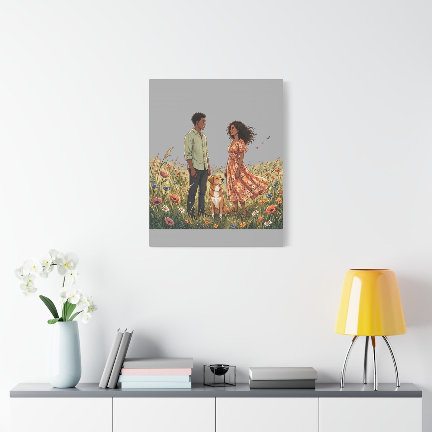 Romantic Couple in Wildflower Field Canvas Art — Black Love Wall Decor with Dog