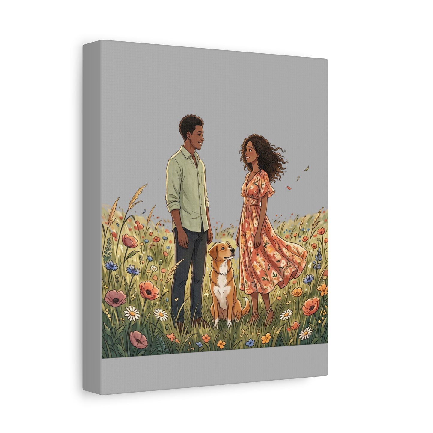 Romantic Couple in Wildflower Field Canvas Art — Black Love Wall Decor with Dog