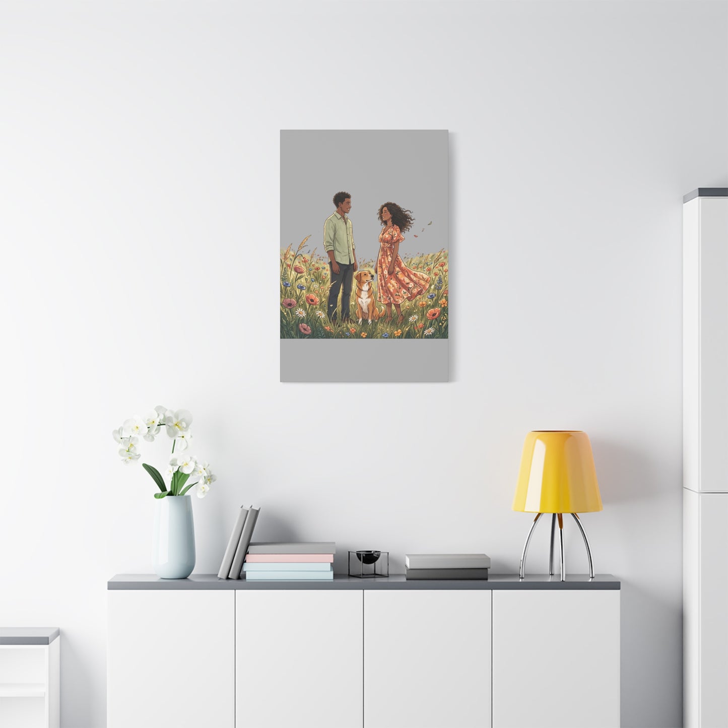 Romantic Couple in Wildflower Field Canvas Art — Black Love Wall Decor with Dog