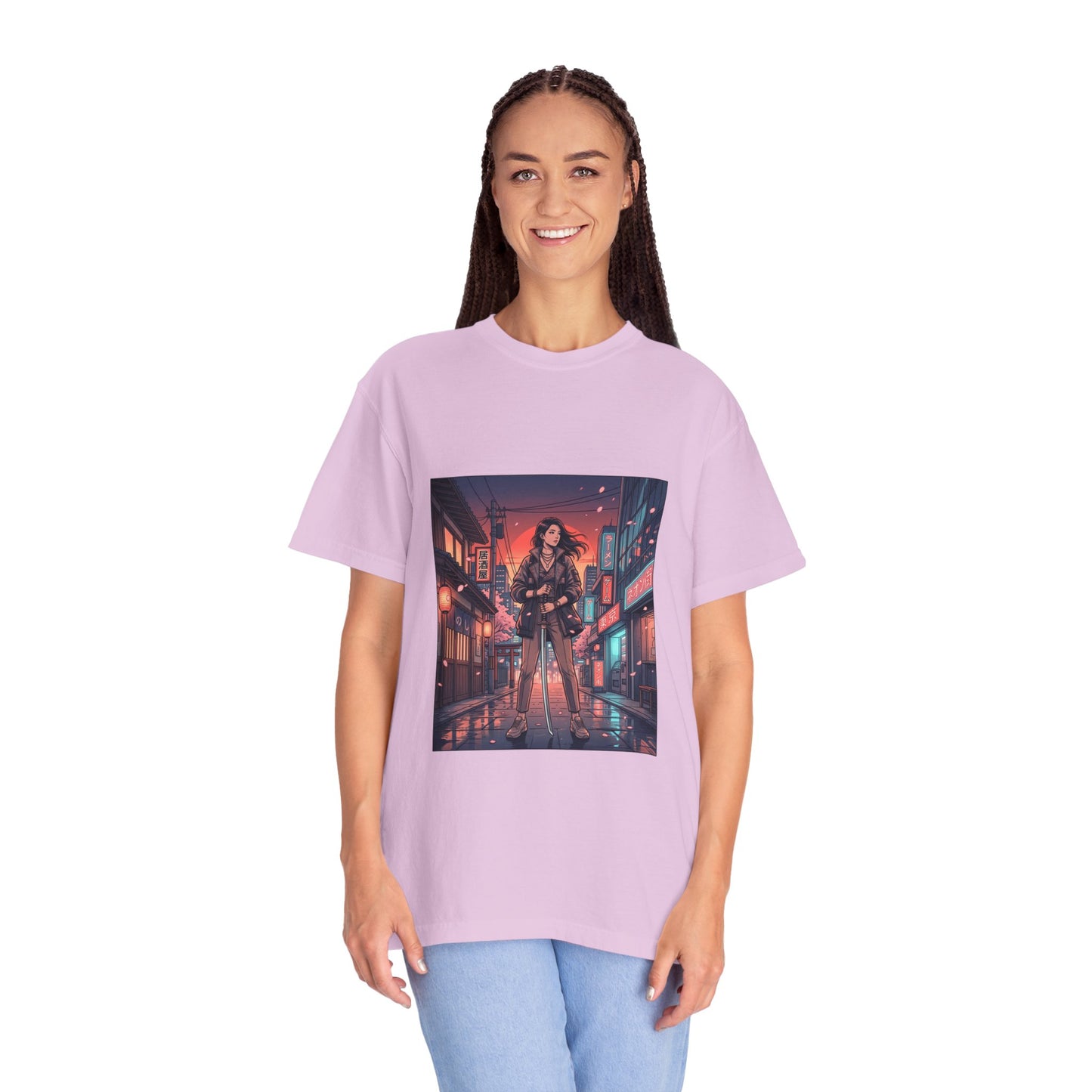 Cyberpunk Night Streets T‑Shirt — Neon Samurai Girl Graphic Tee