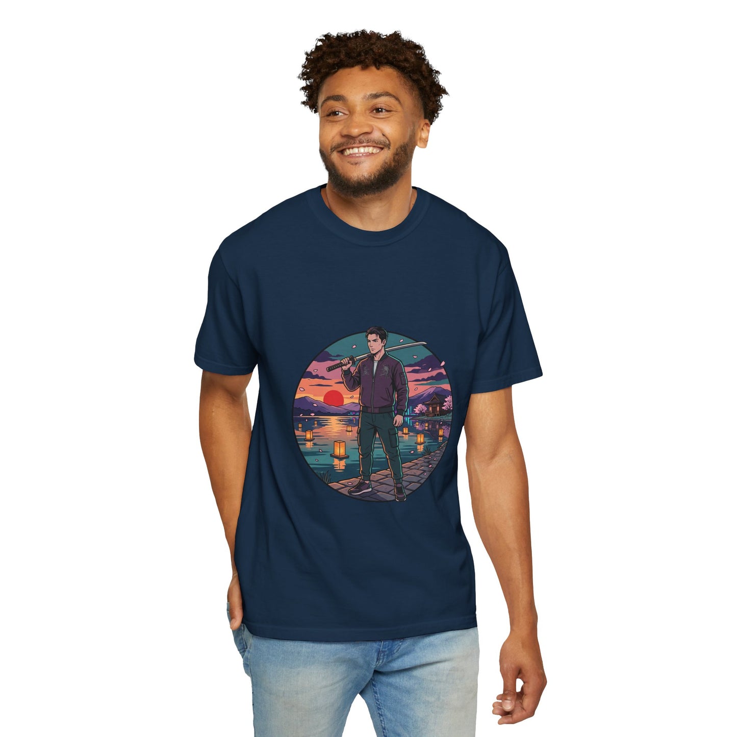 Vintage Night Harbor T-Shirt — Retro Sunset Fisherman Graphic Tee