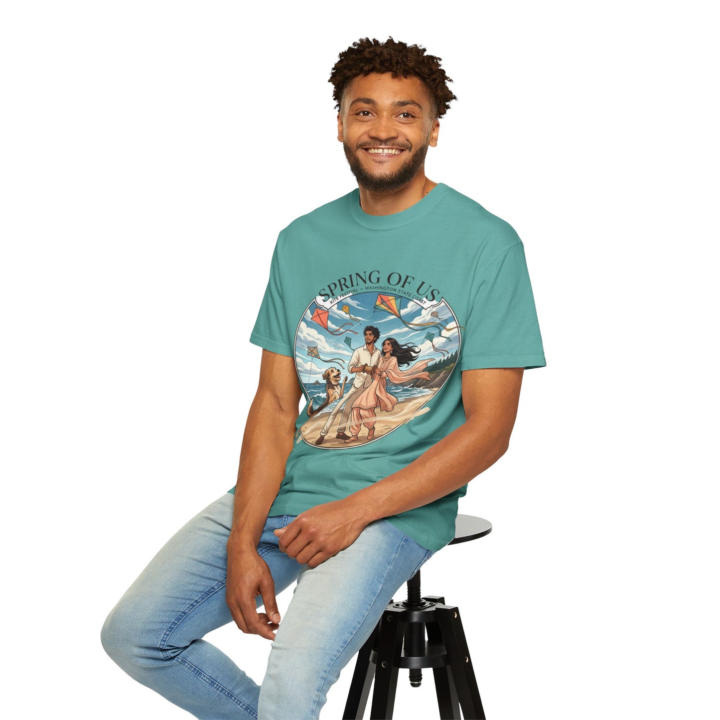Spring of Us T-Shirt — Romantic Beach Couple Illustration with Dog