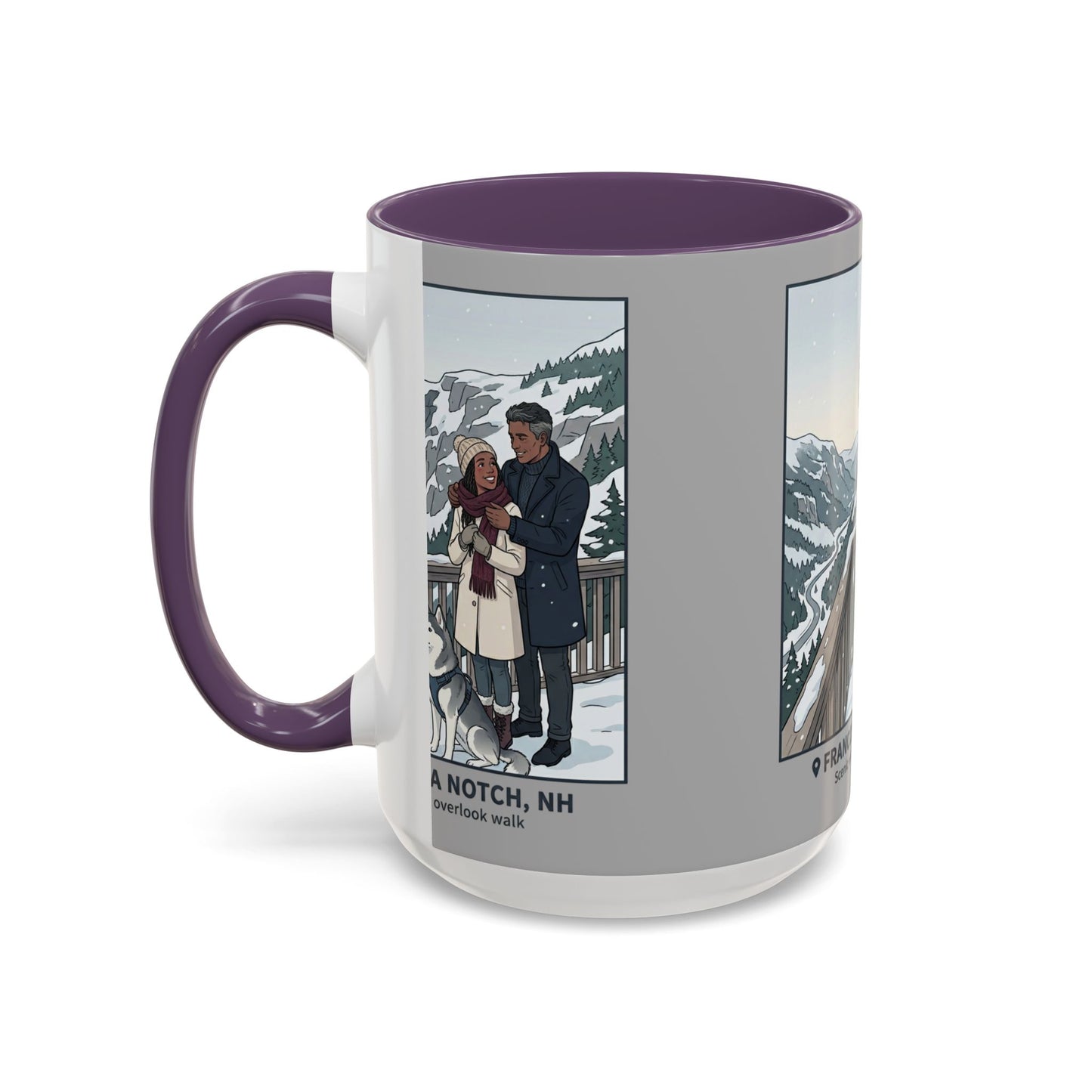 Franconia Notch Scenic Winter Mug — Couples & Dog Snowy Overlook Coffee Cup (11/15oz)