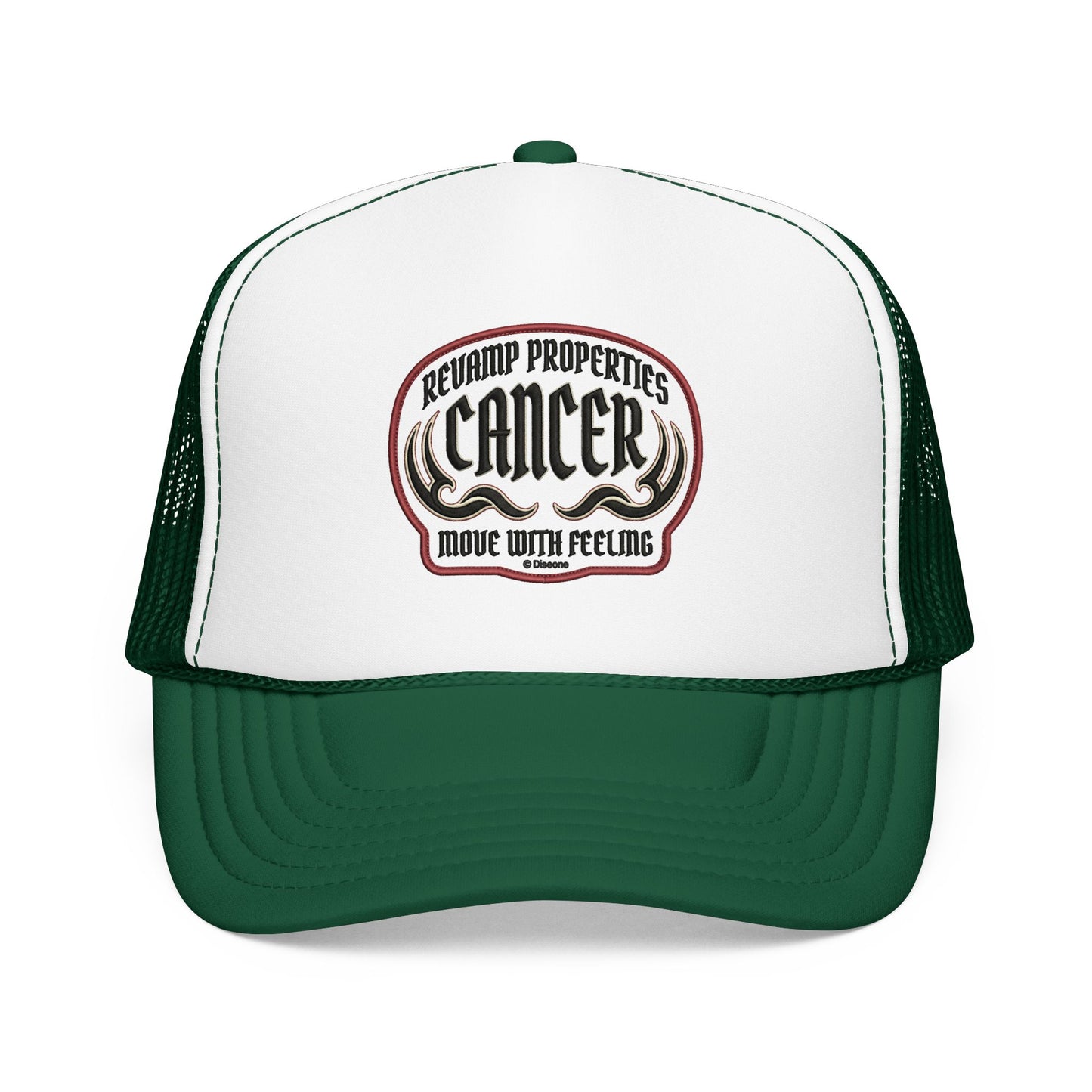 Cancer Zodiac Trucker Hat — Vintage Embroidered Skull & Crab Design