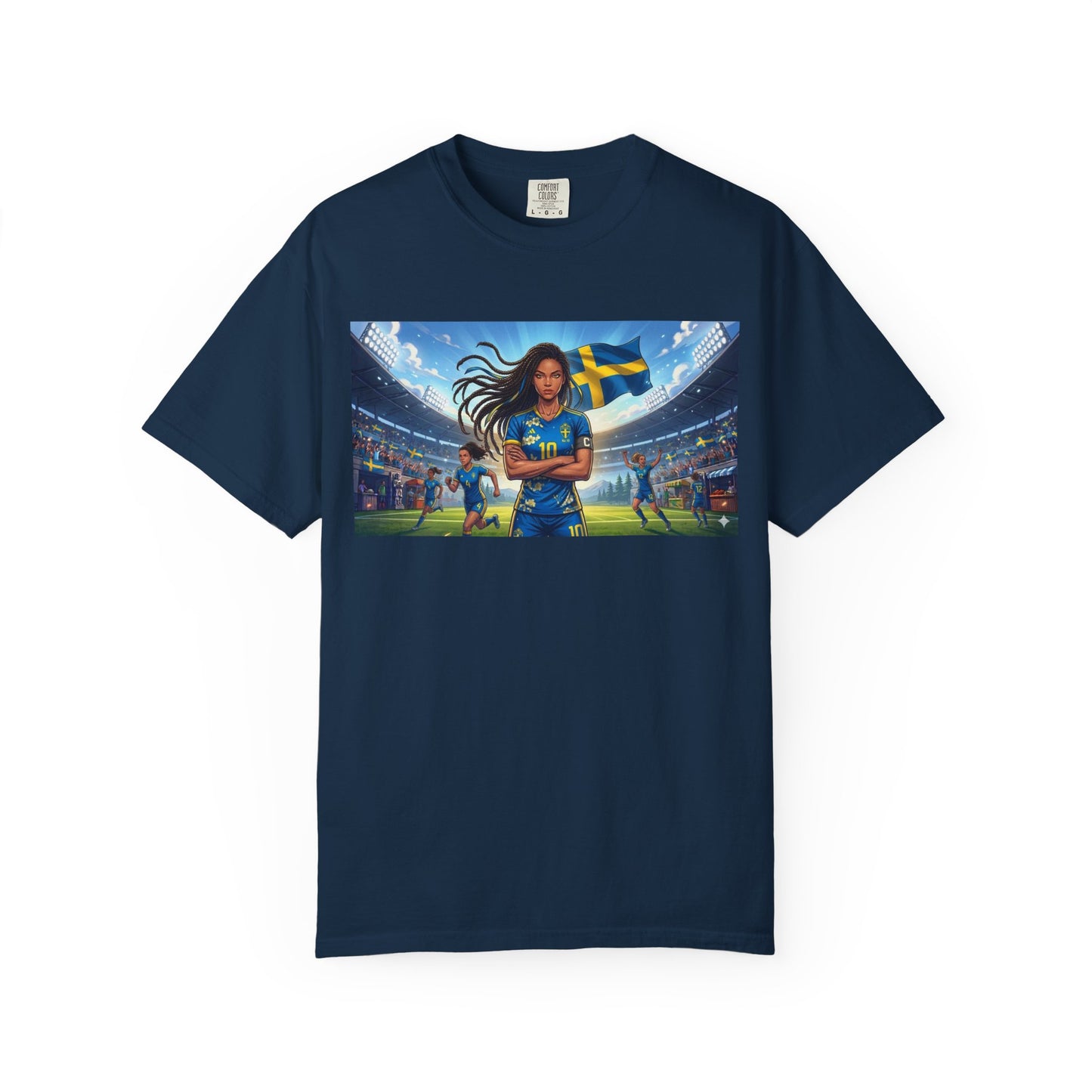 Swedish Soccer Pride T-Shirt — Female Footballer with Flag Stadium Design