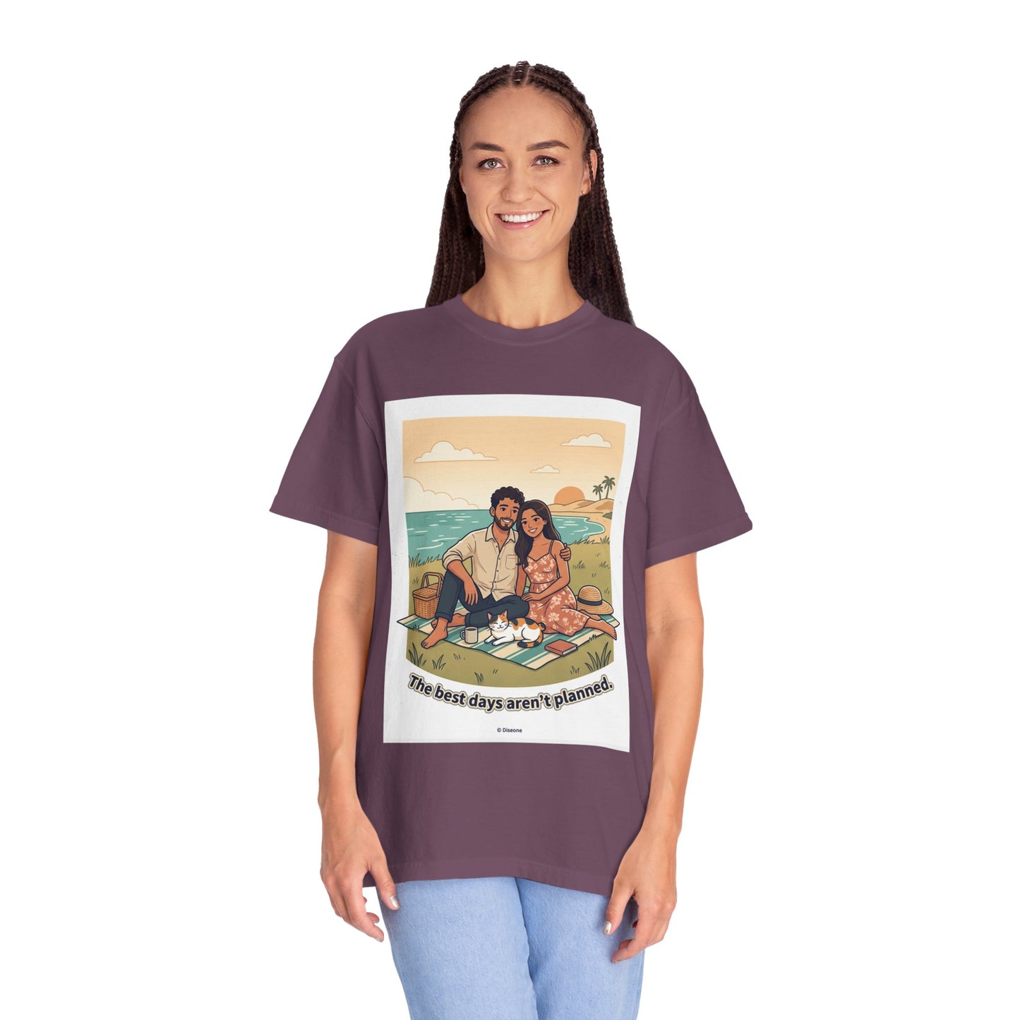 Beach Picnic Couple T‑Shirt — “The best days aren’t planned.” Relaxed Vacation Tee