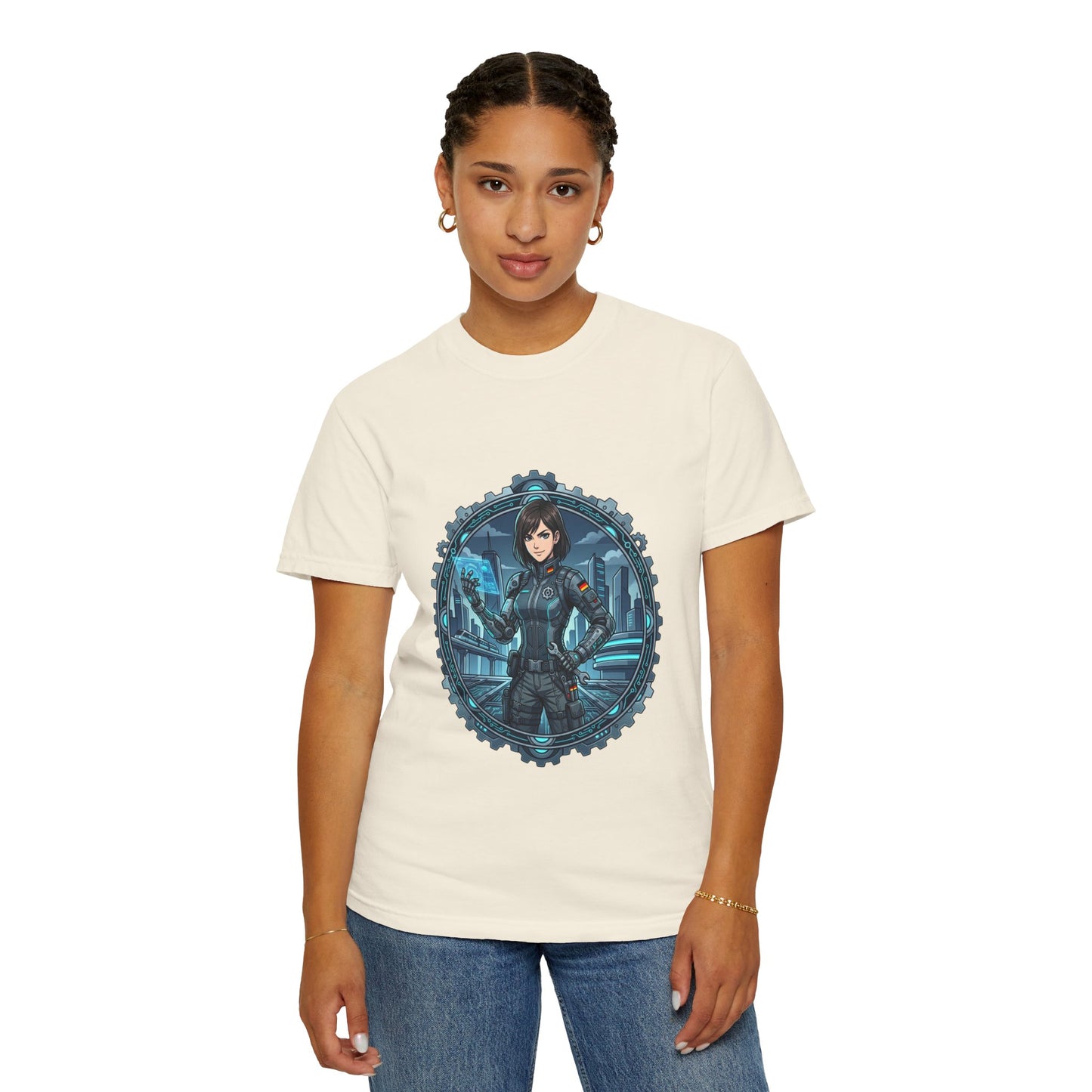 Cyber Ninja Graphic T-Shirt — Futuristic Female Warrior Illustration